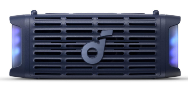 Ciemnoniebieski głośnik Bluetooth z kratką z przodu i światłami po bokach.
