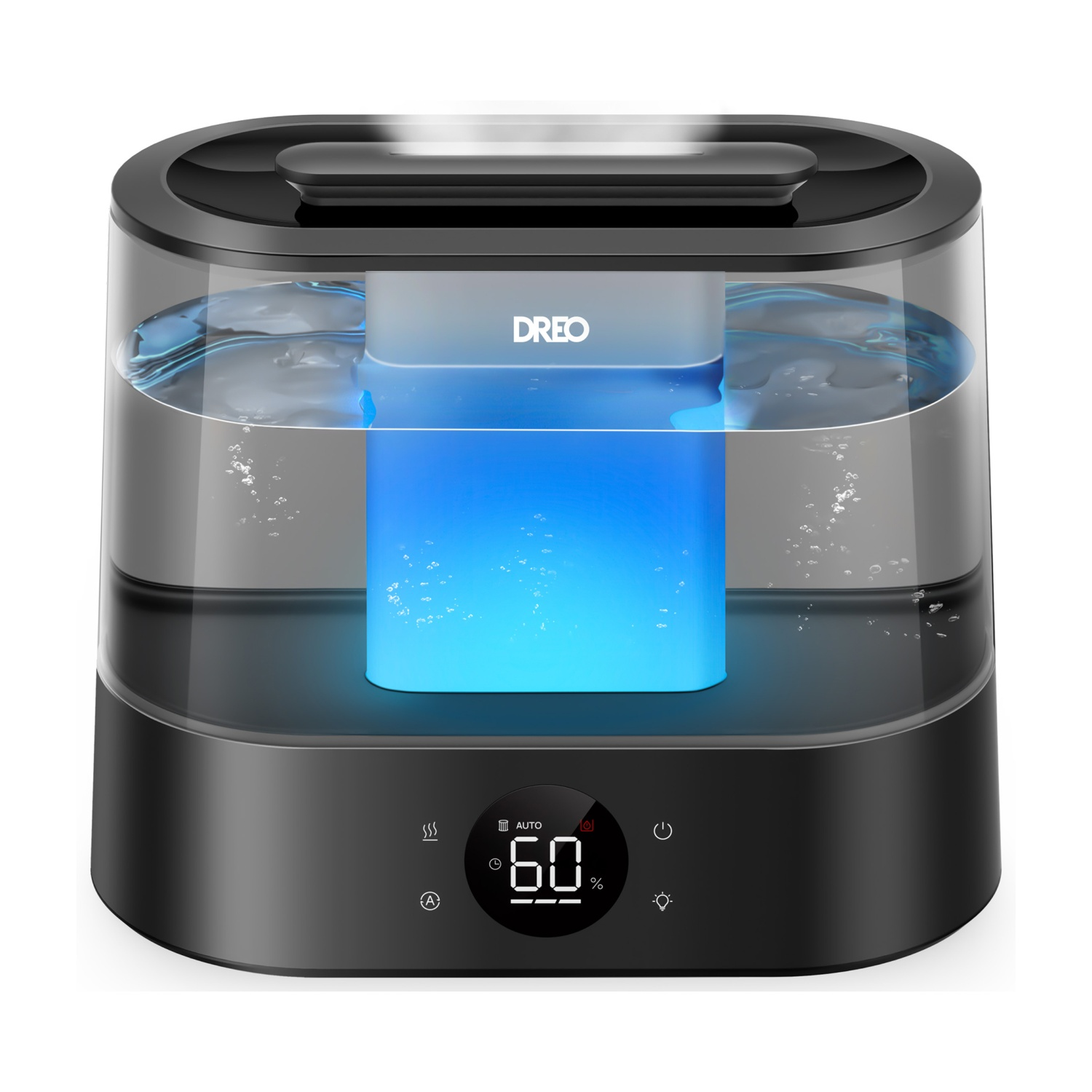 Un umidificatore nero con acqua blu luminosa e display digitale.