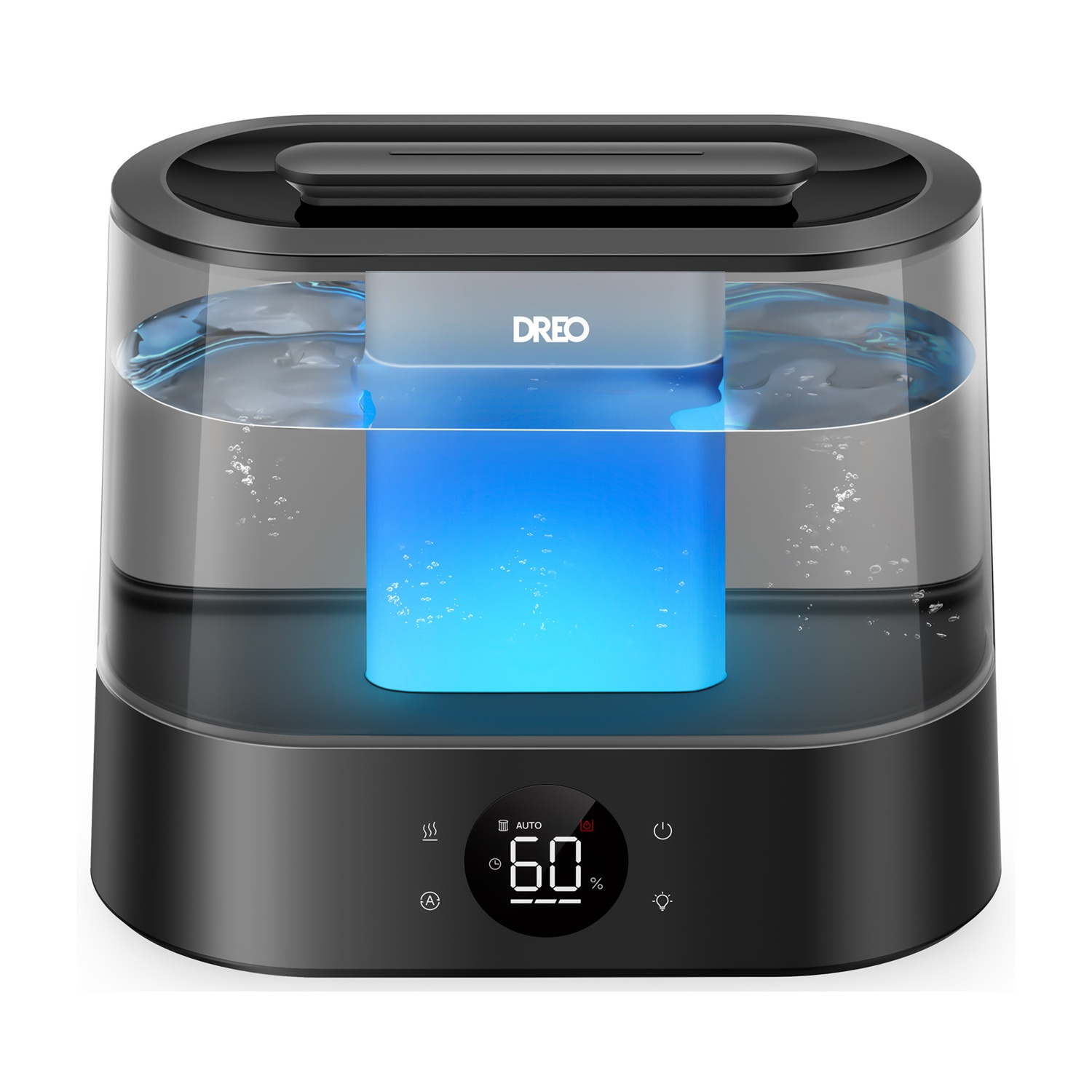 Un umidificatore DREO nero con serbatoio trasparente riempito di acqua blu luminosa.
