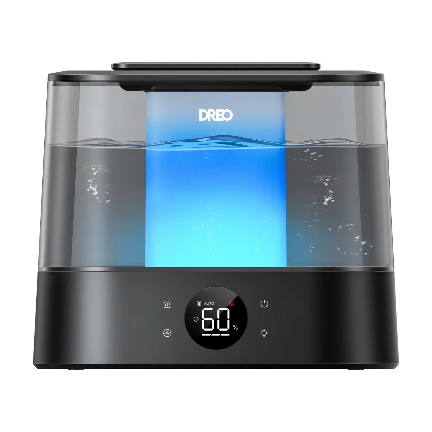 Umidificatore nero con luce blu e display digitale che mostra 60%.