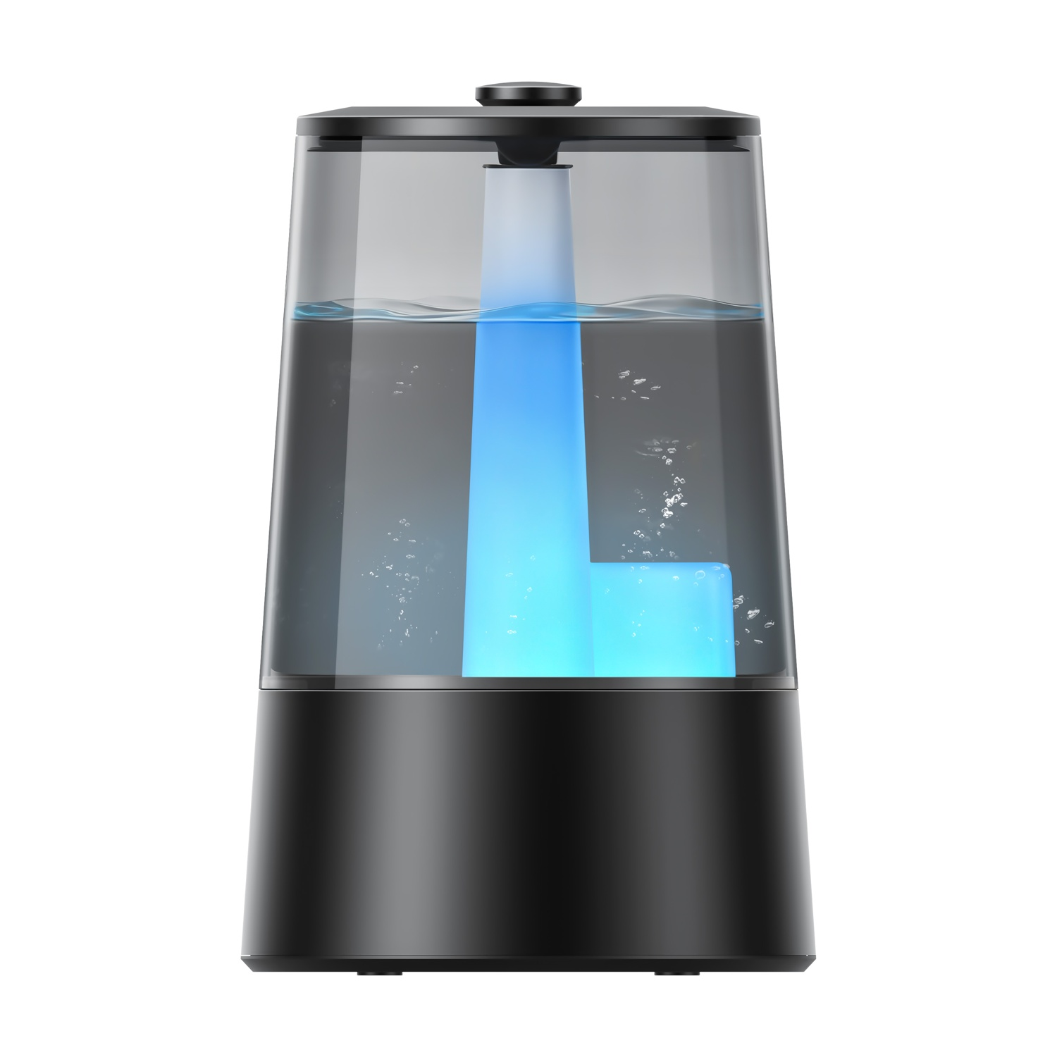 Un umidificatore nero con acqua illuminata di blu e bolle.