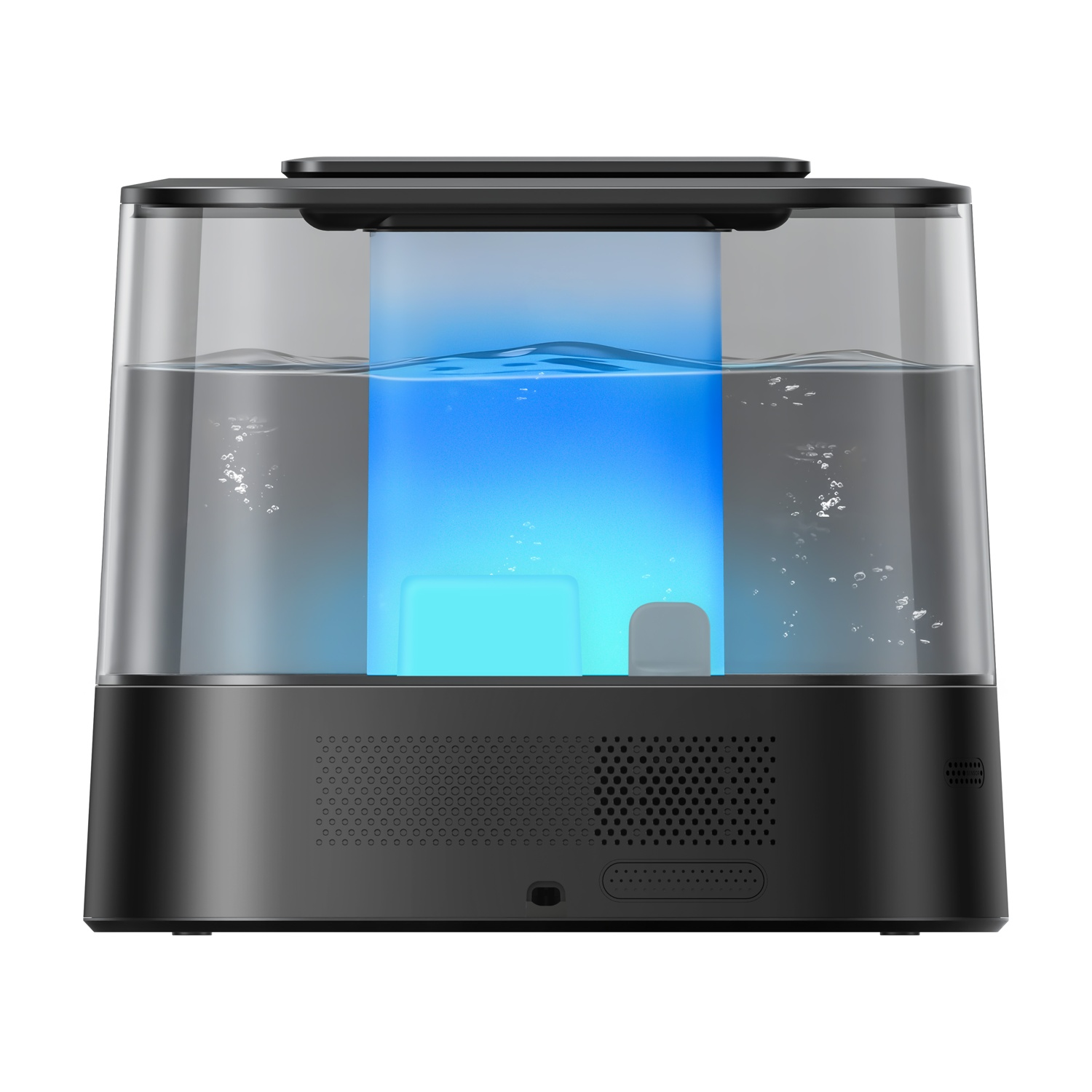 Un umidificatore nero con serbatoio d'acqua illuminato di blu e bolle.