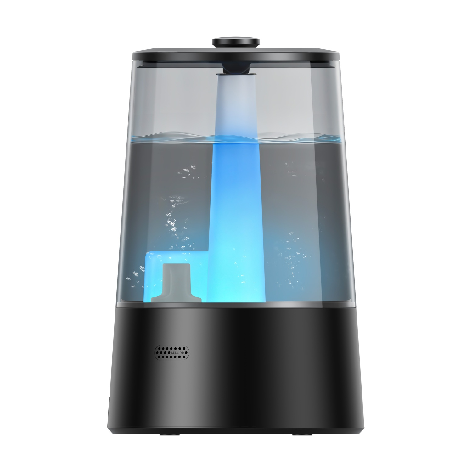 Un umidificatore nero con serbatoio d'acqua illuminato di blu e bolle.