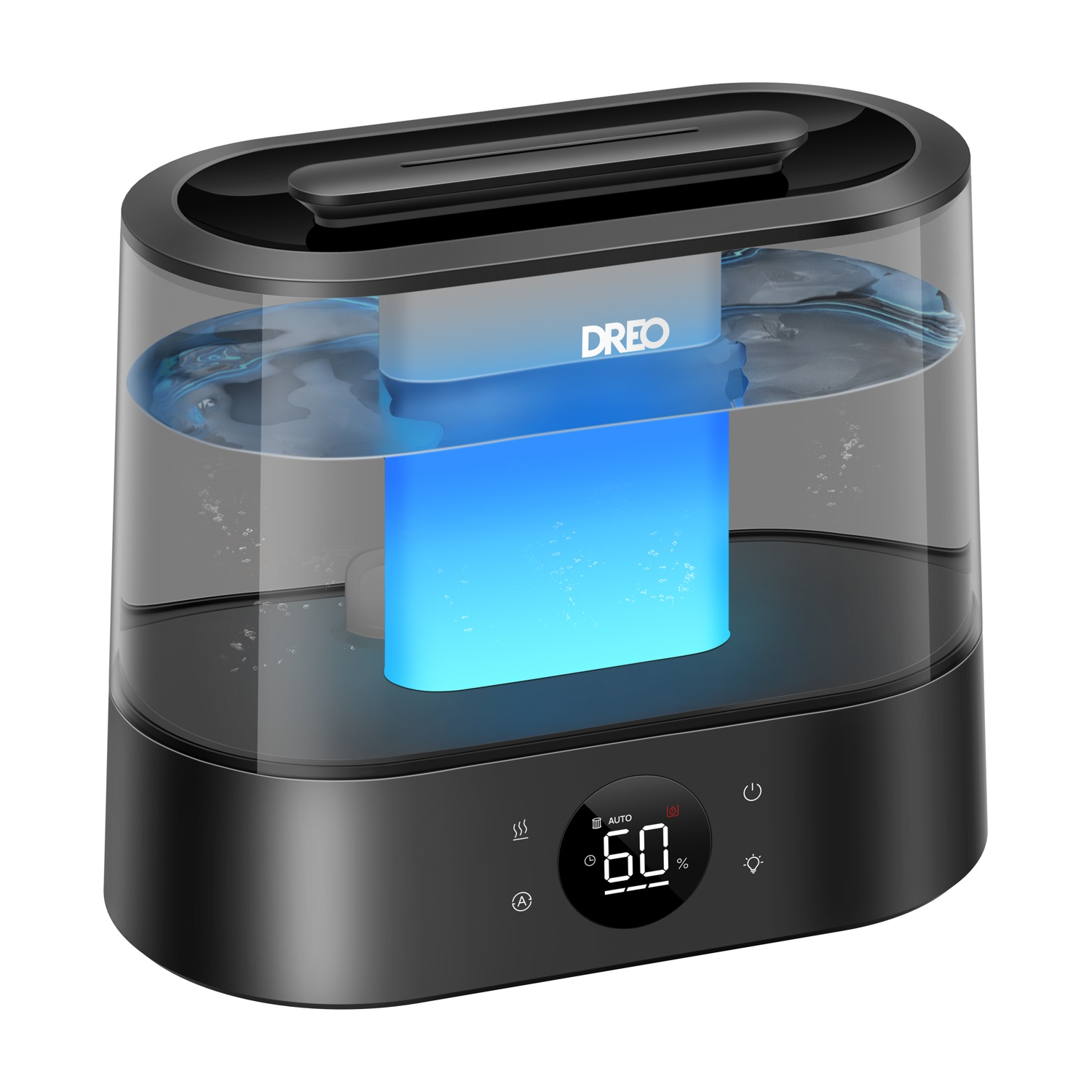 Un umidificatore DREO nero con serbatoio trasparente, luce blu e display digitale al 60%.