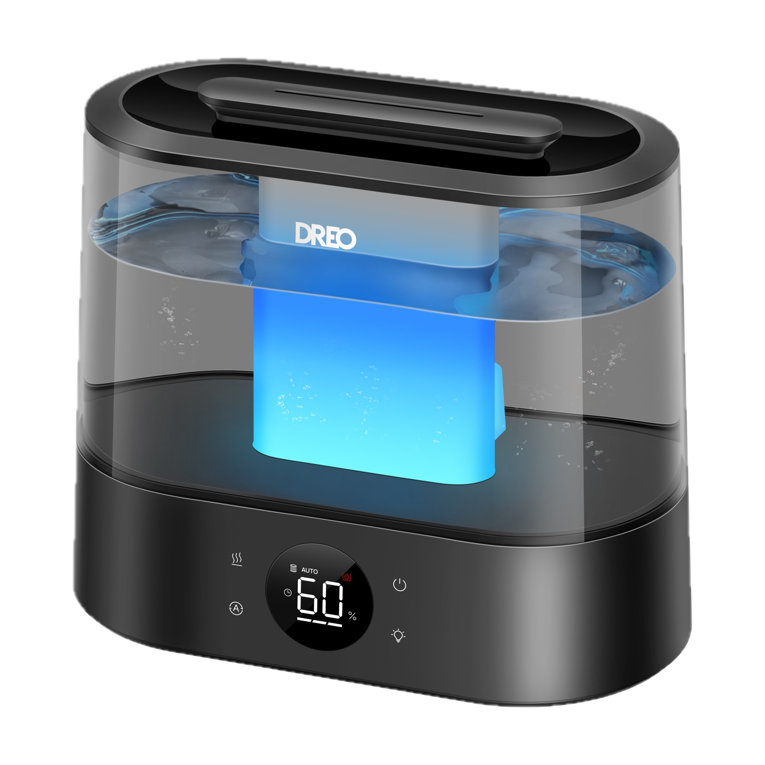 Umidificatore nero con luce blu e display digitale che mostra 60%.