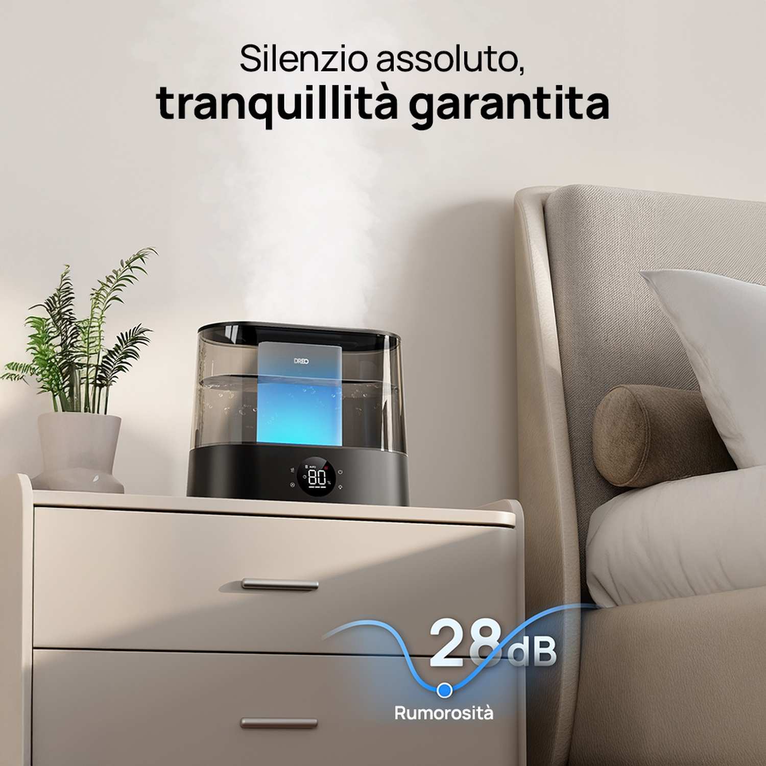 Umidificatore su comodino con nebbia, display 80%, livello rumore 28 dB.