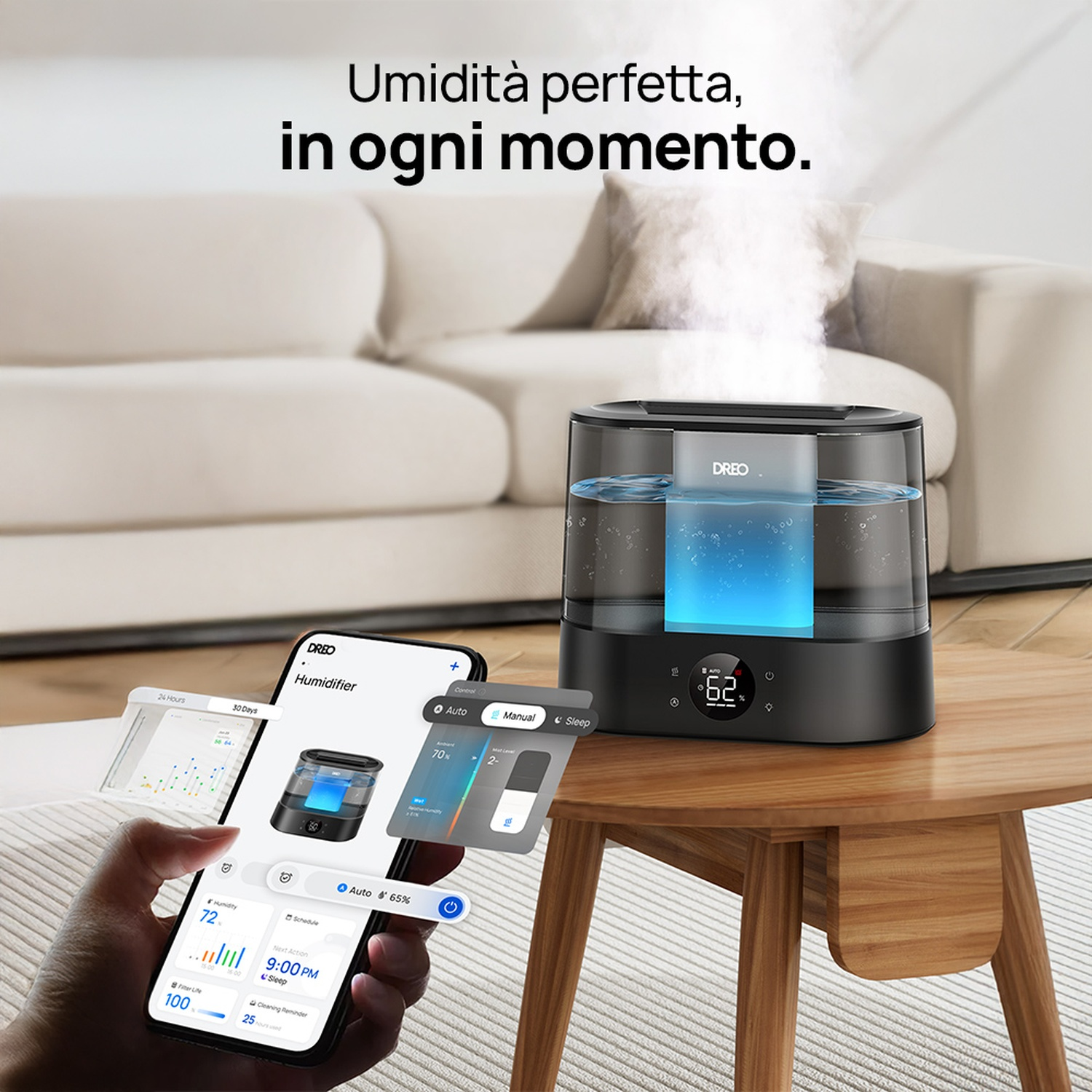 Un moderno umidificatore con acqua blu e vapore è esposto su un tavolo di legno.