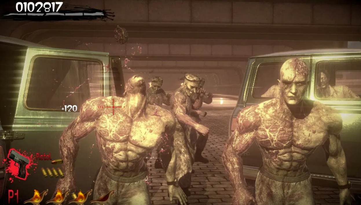 Zwei mutierte Zombies greifen an, ein dritter im Hintergrund. Autos sind zu sehen.