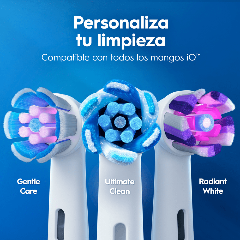 Personaliza tu limpieza. Compatible con todos los mangos iO. Gentle care. Ultimate clean. Radiant White