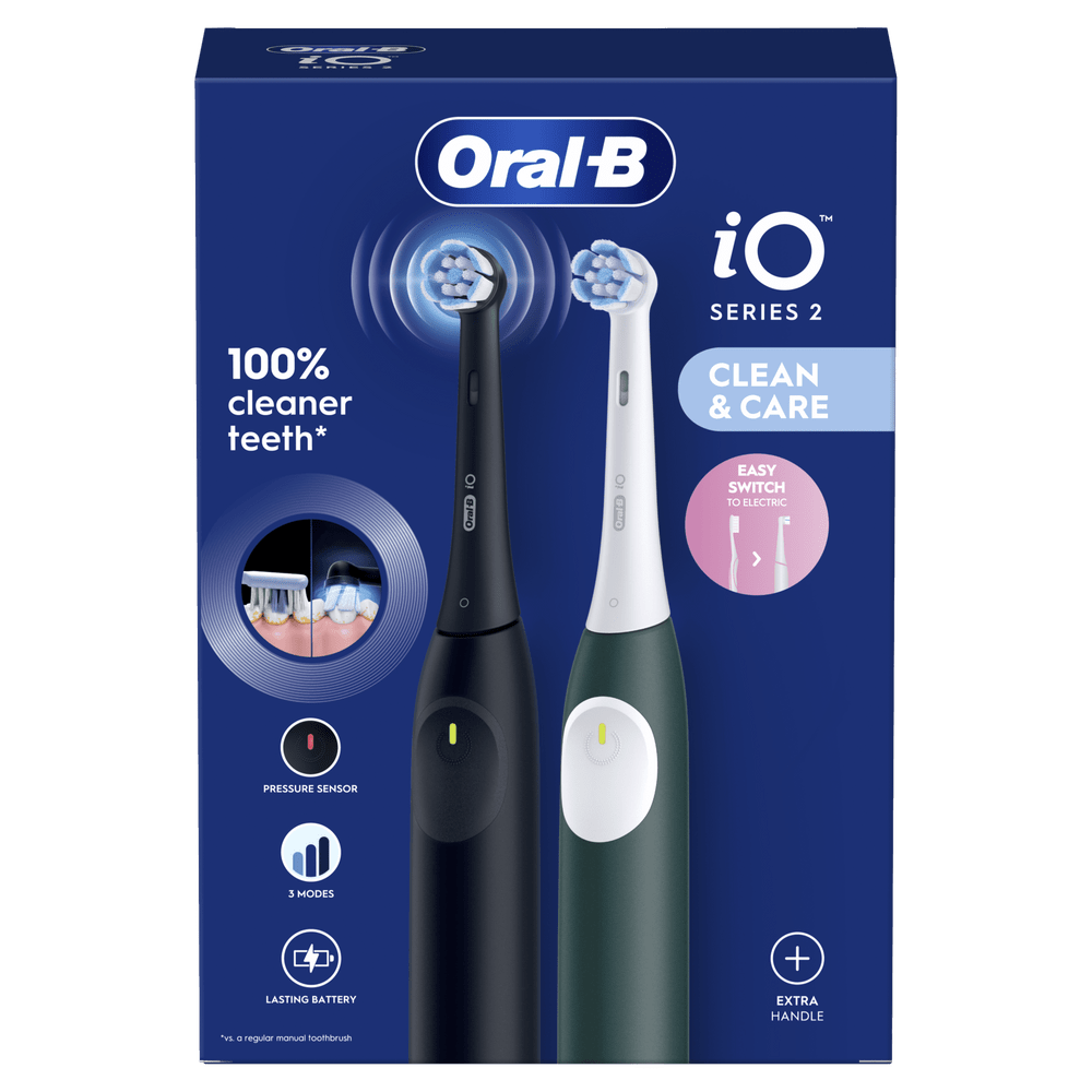Cepillos de dientes eléctricos Oral-B iO Serie 2 en negro y verde oscuro.