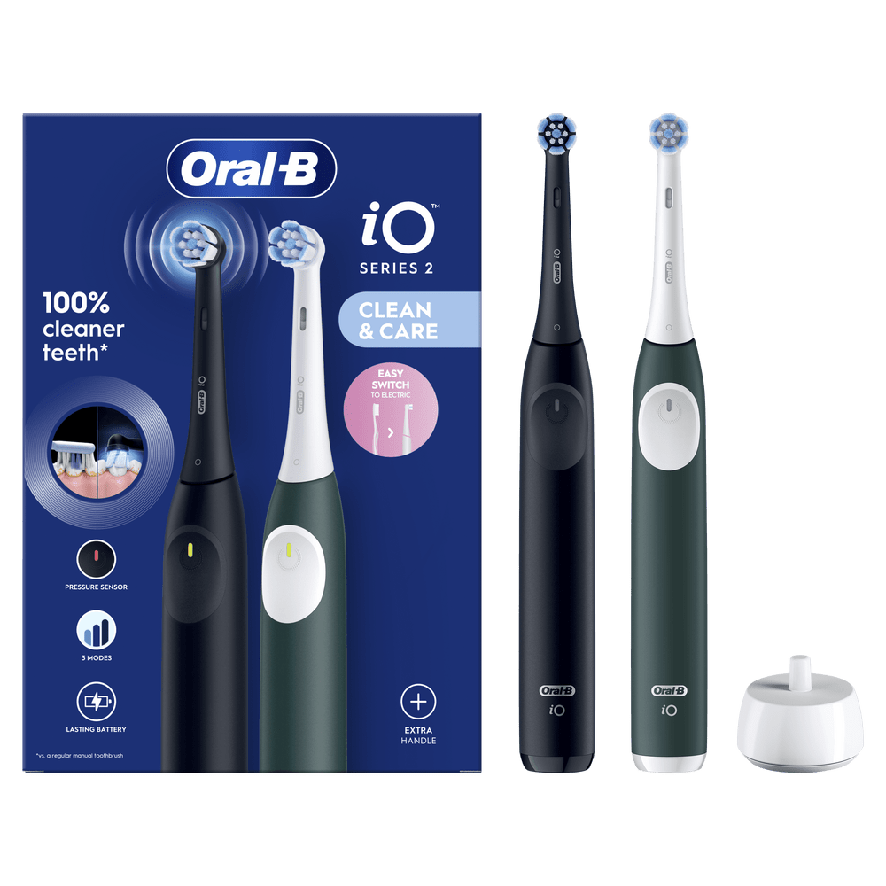 Oral-B iO Serie 2: Dos cepillos eléctricos (negro, verde), base de carga, embalaje.