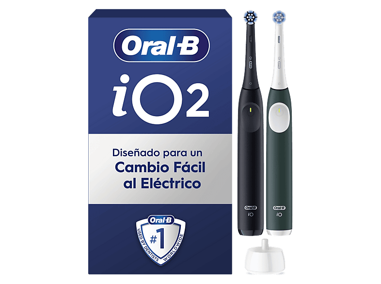 Cepillo eléctrico - Oral-B iO 2, Pack dúo, 2 recambios, 3 modos, Temporizador, Sensor de presión, Diseñados por Braun, Negro y Verde Bosque