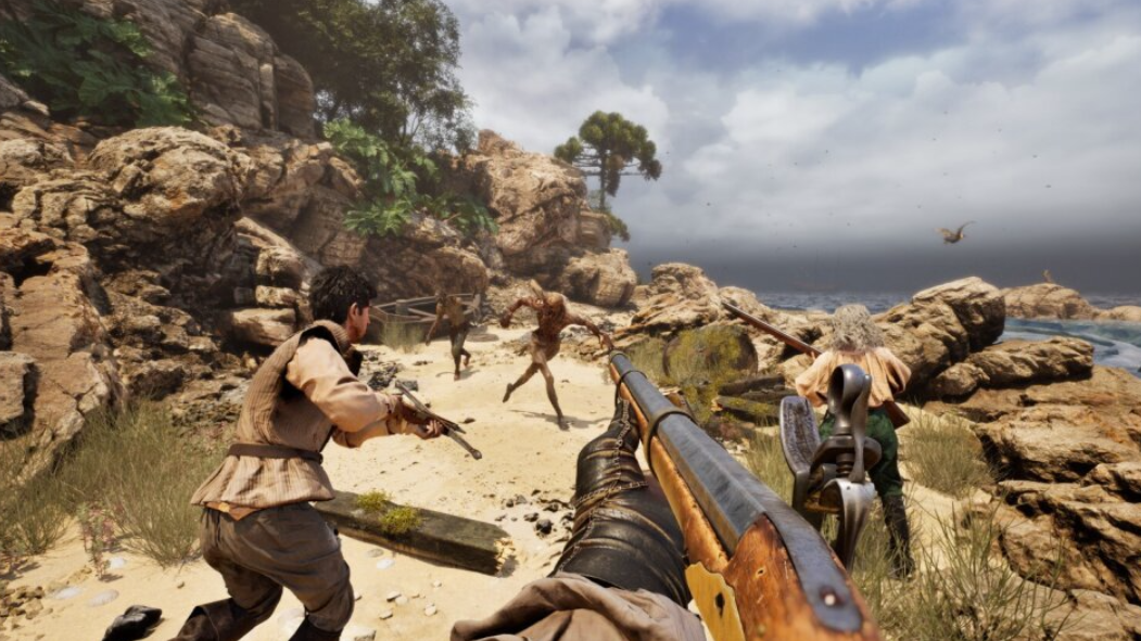 Bewaffnete Männer kämpfen gegen Kreaturen an einem felsigen Strand.