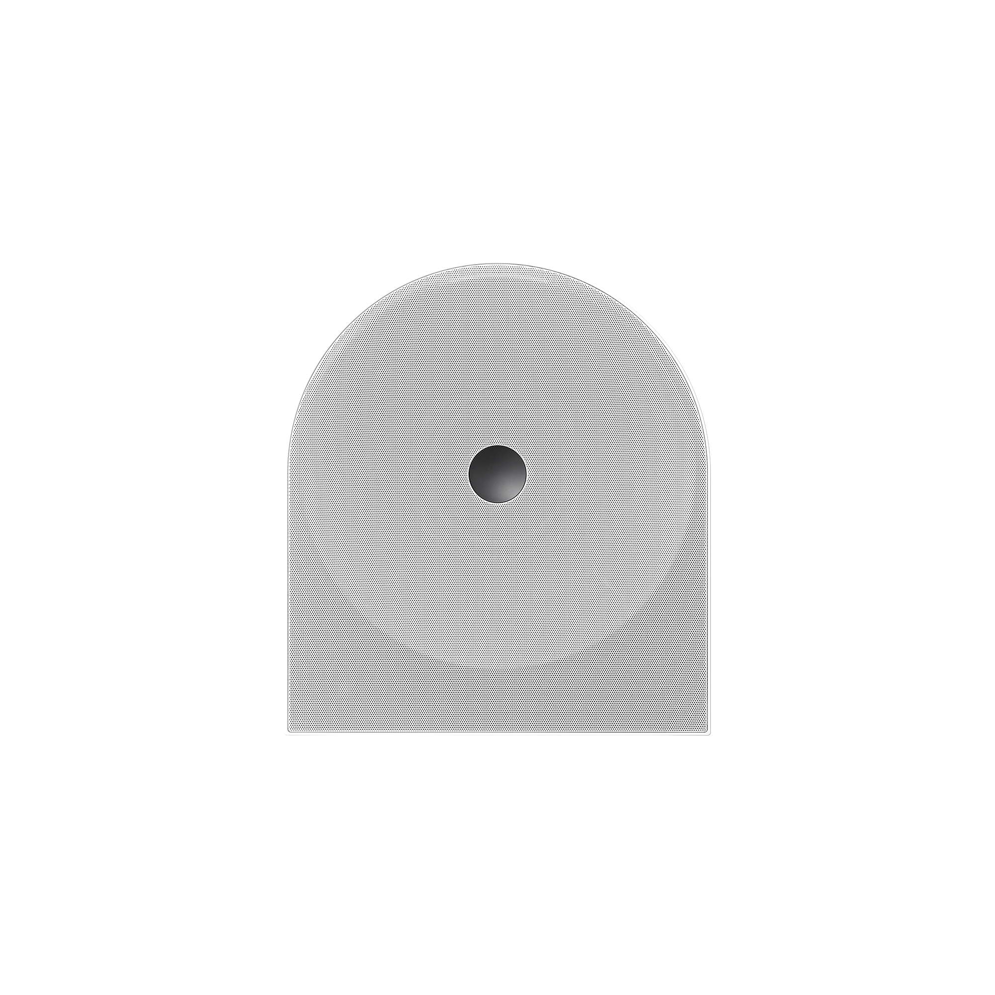Un altavoz blanco con un círculo negro en el centro sobre fondo negro.