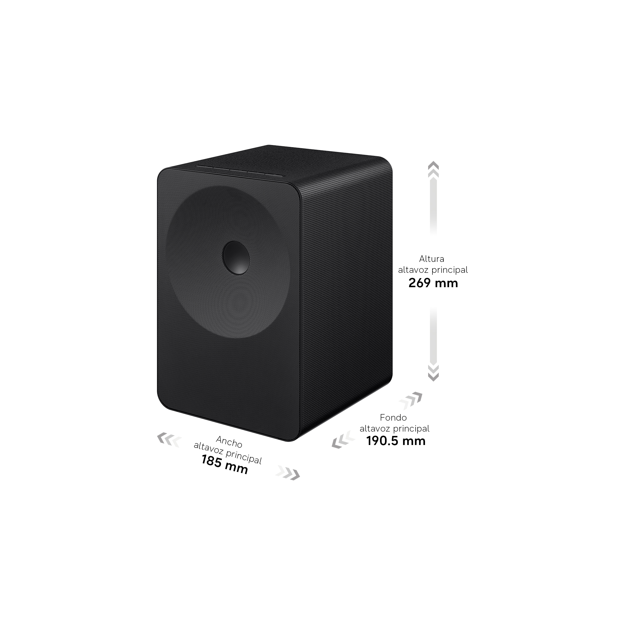 Subwoofer cúbico negro con rejilla de tela. Dimensiones: Al 269mm, An 185mm, Fo 190.5mm.