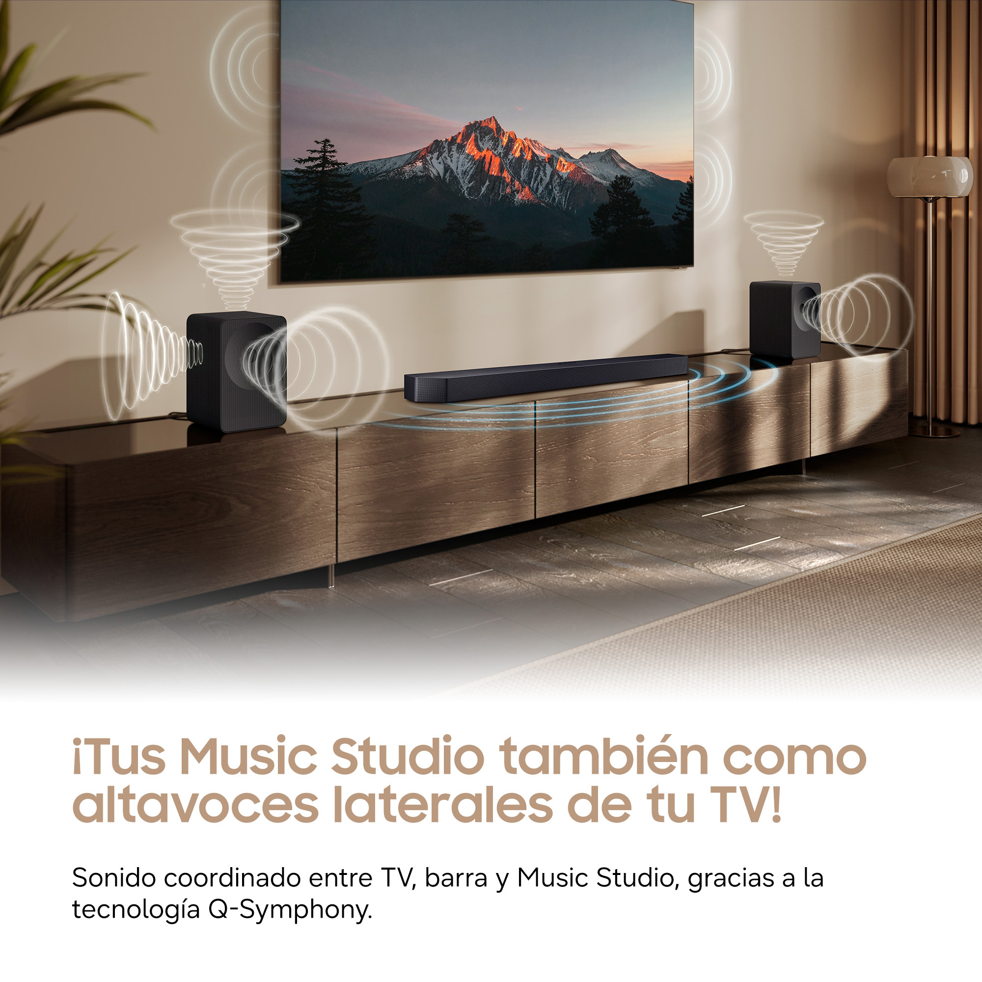Altavoces y barra de sonido negros frente a TV con paisaje de montaña. Ondas sonoras.