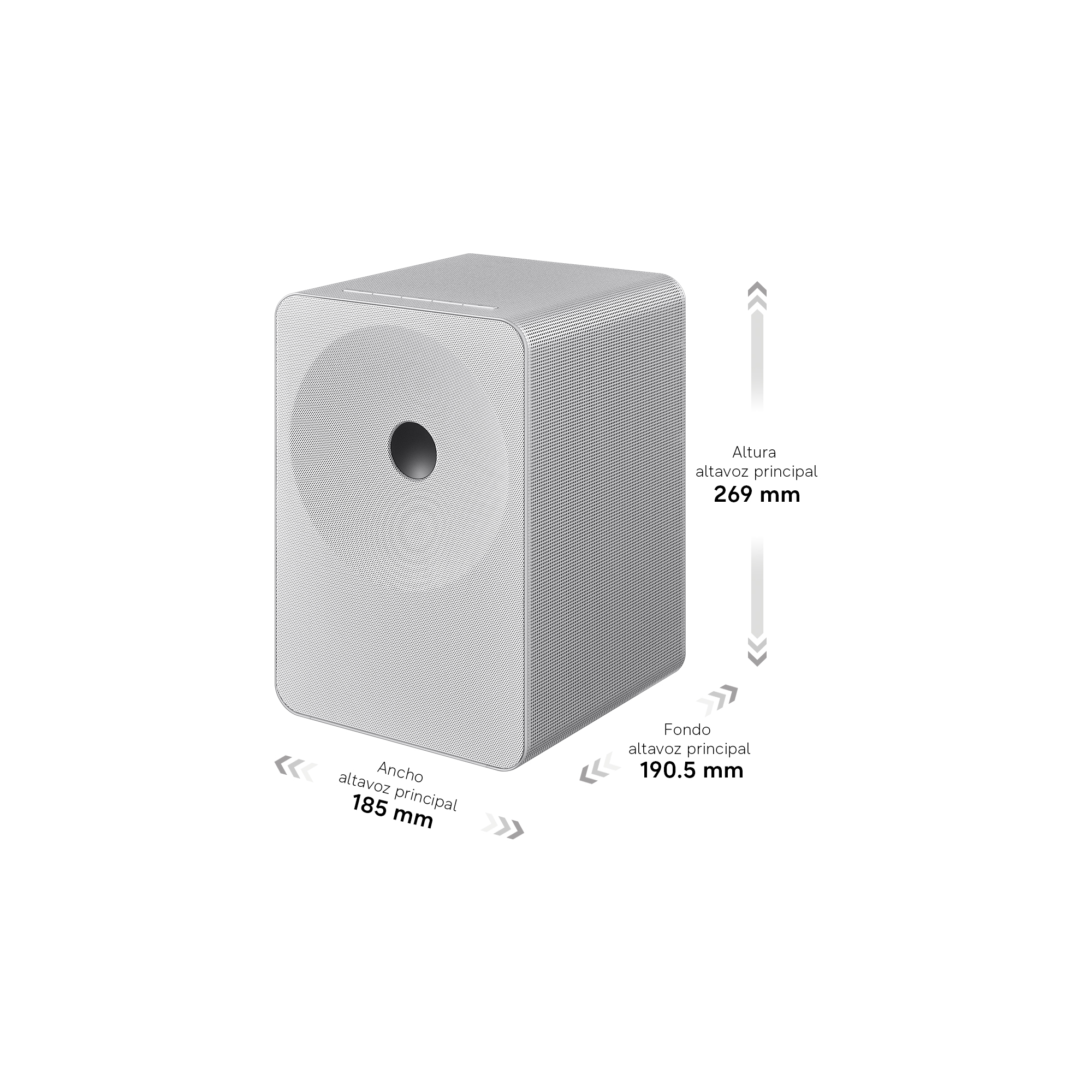 Un altavoz plateado con esquinas redondeadas, dimensiones: 269x185x190.5 mm.