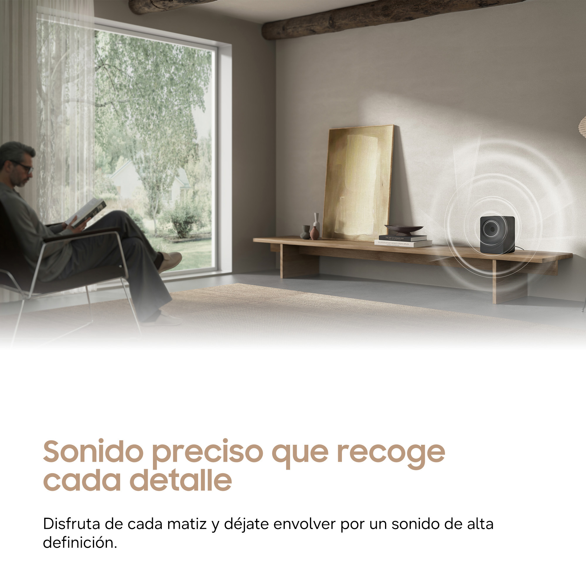Hombre lee libro, altavoz con ondas sonoras en estante.