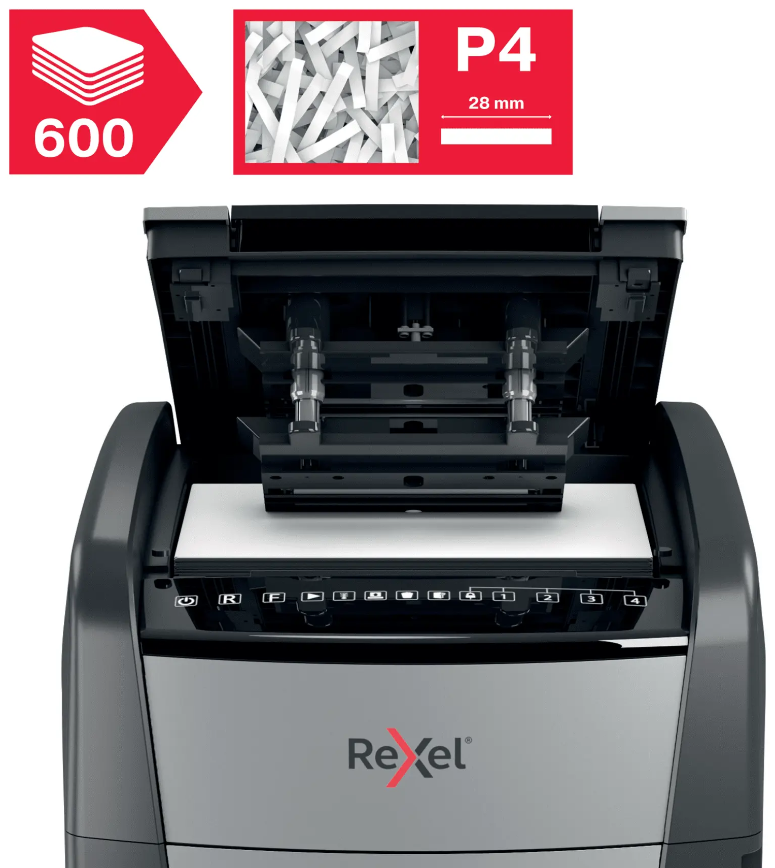 Rexel P4 iratmegsemmisítő, 600 lapos kapacitás, 28mm csík.