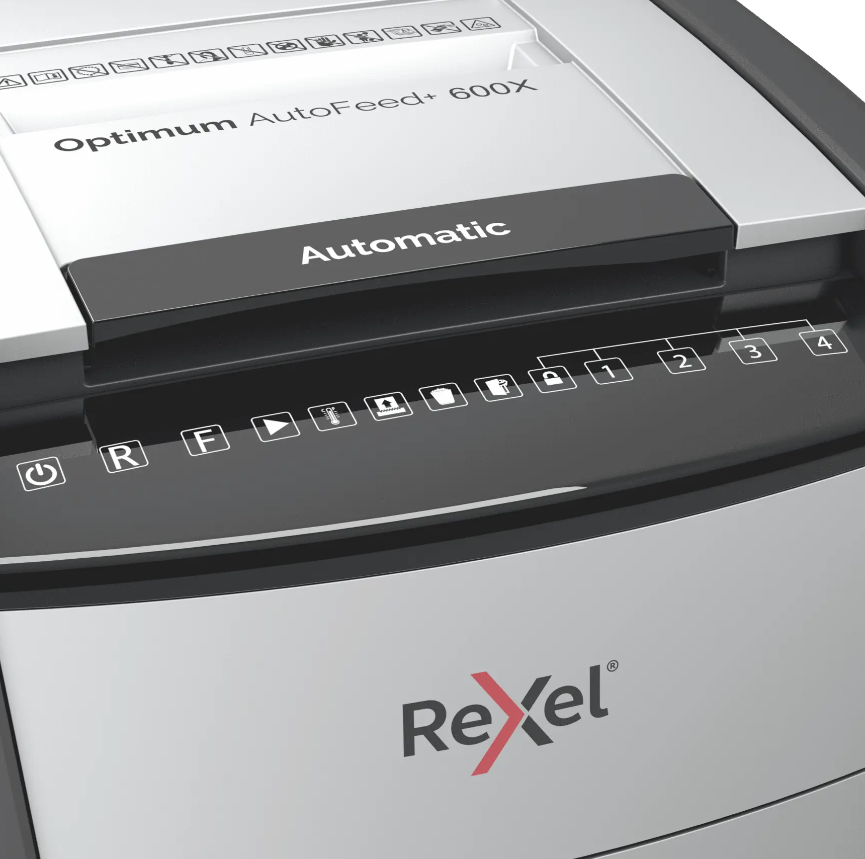 Egy Rexel automata iratmegsemmisítő "Optimum AutoFeed+ 600X" felirattal.