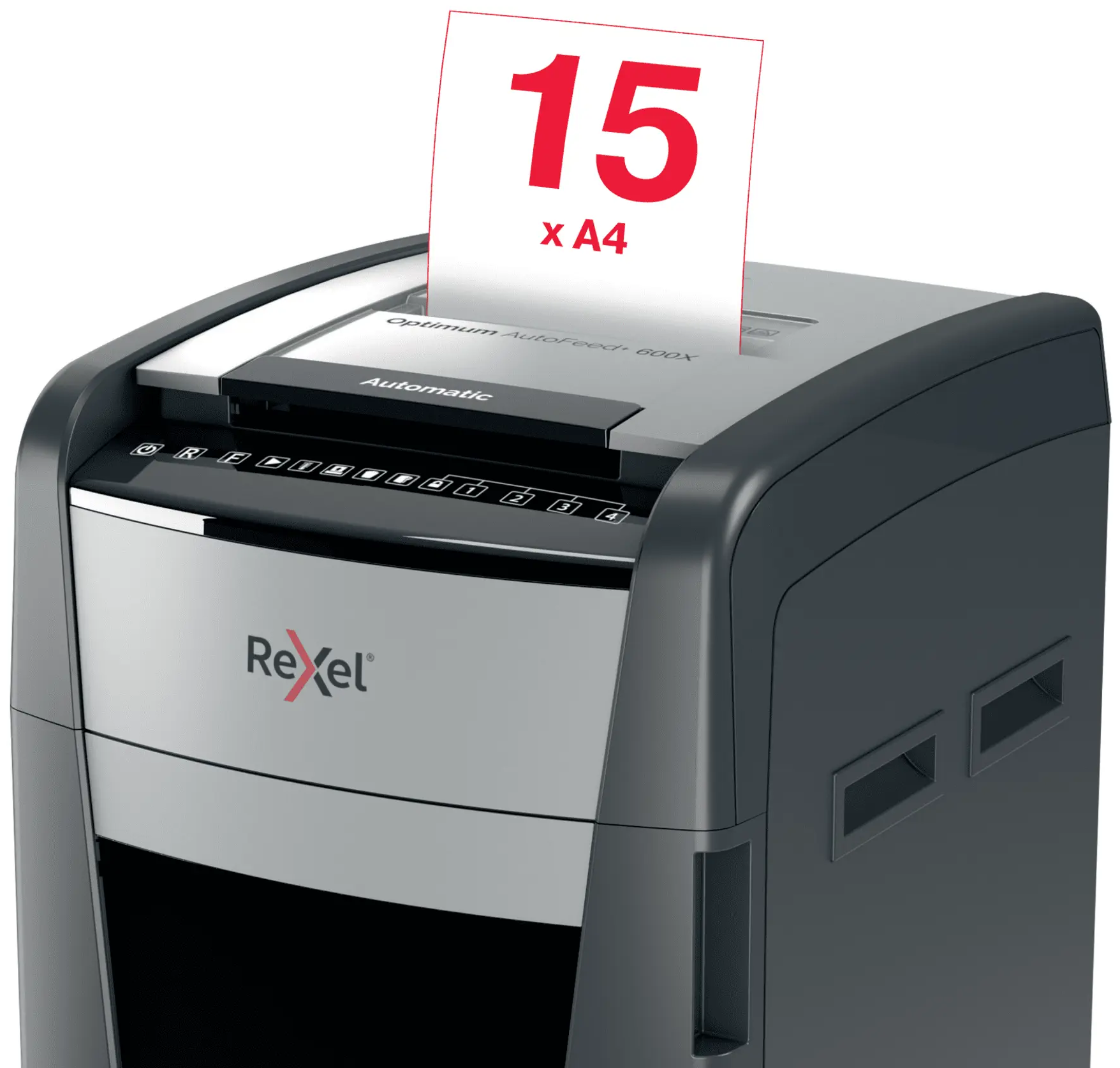 Rexel iratmegsemmisítő egy 15 x A4 feliratú papírlappal.