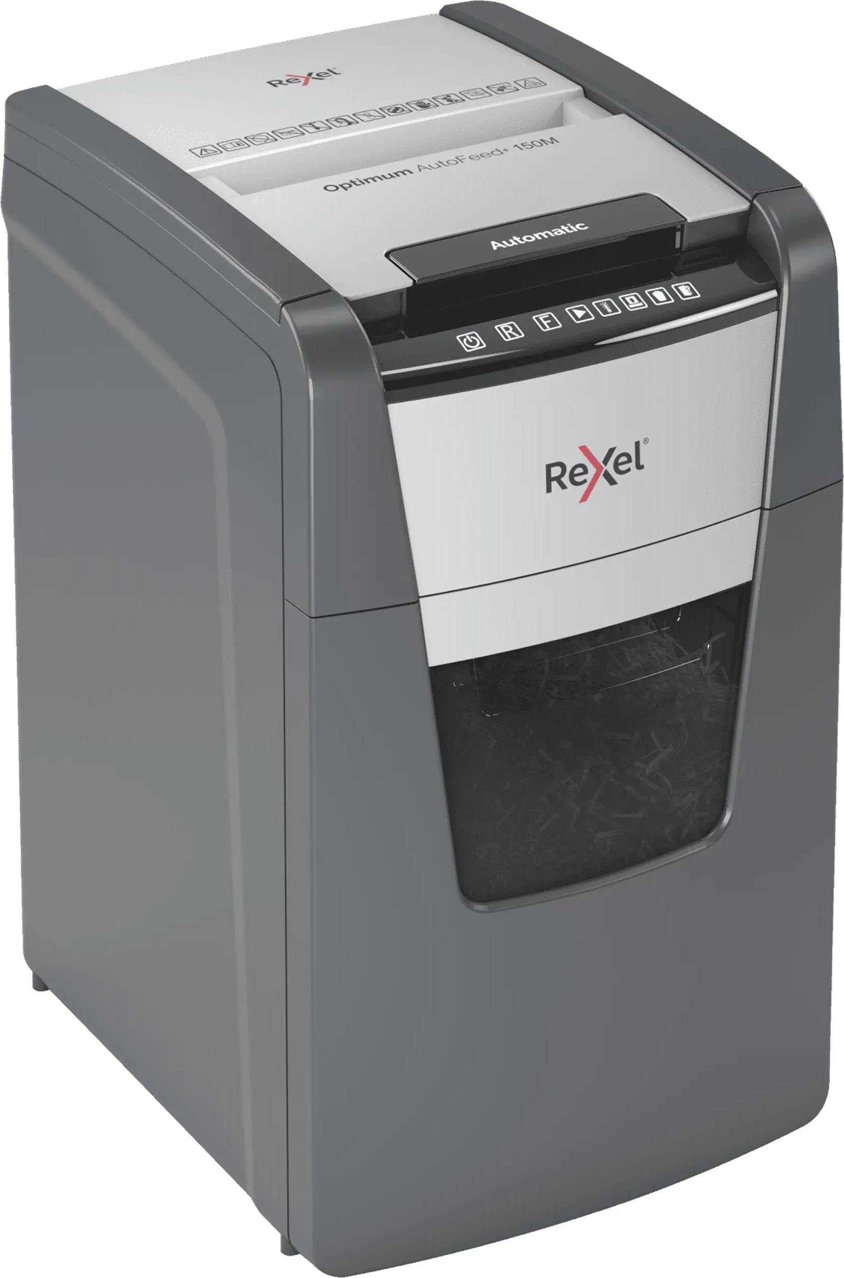 Egy szürke Rexel iratmegsemmisítő "Automatic" felirattal és szimbólumokkal.