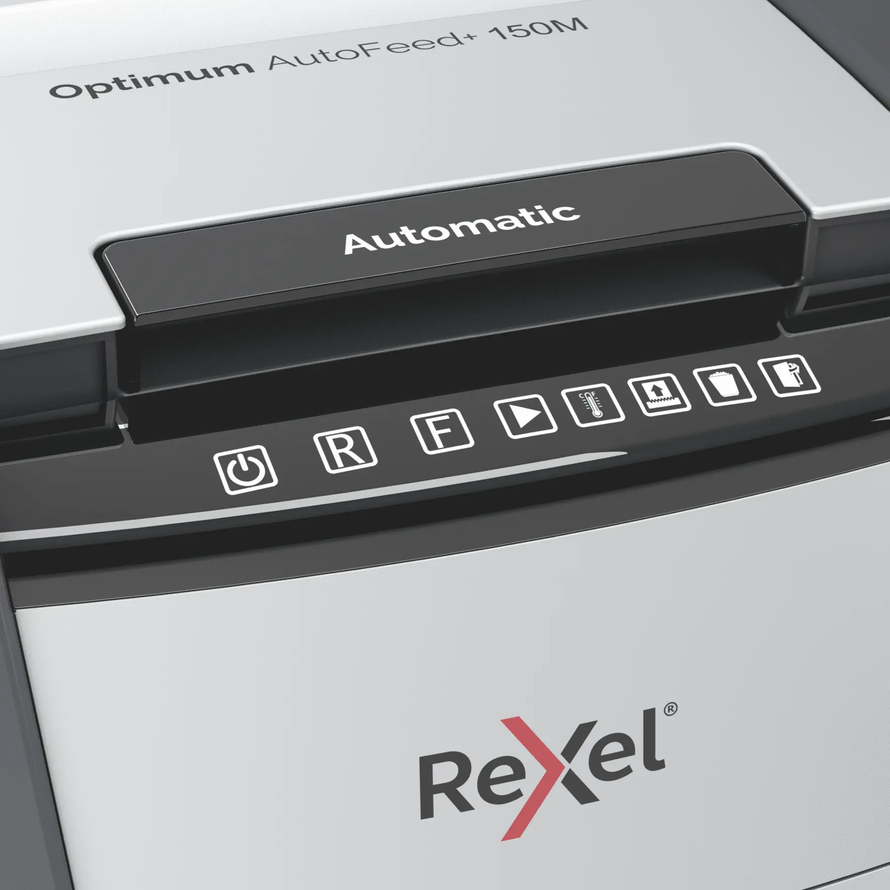 Rexel Optimum AutoFeed+ 150M iratmegsemmisítő vezérlőpult ikonokkal: bekapcsolás, hátramenet, előre, kuka, túlmelegedés.