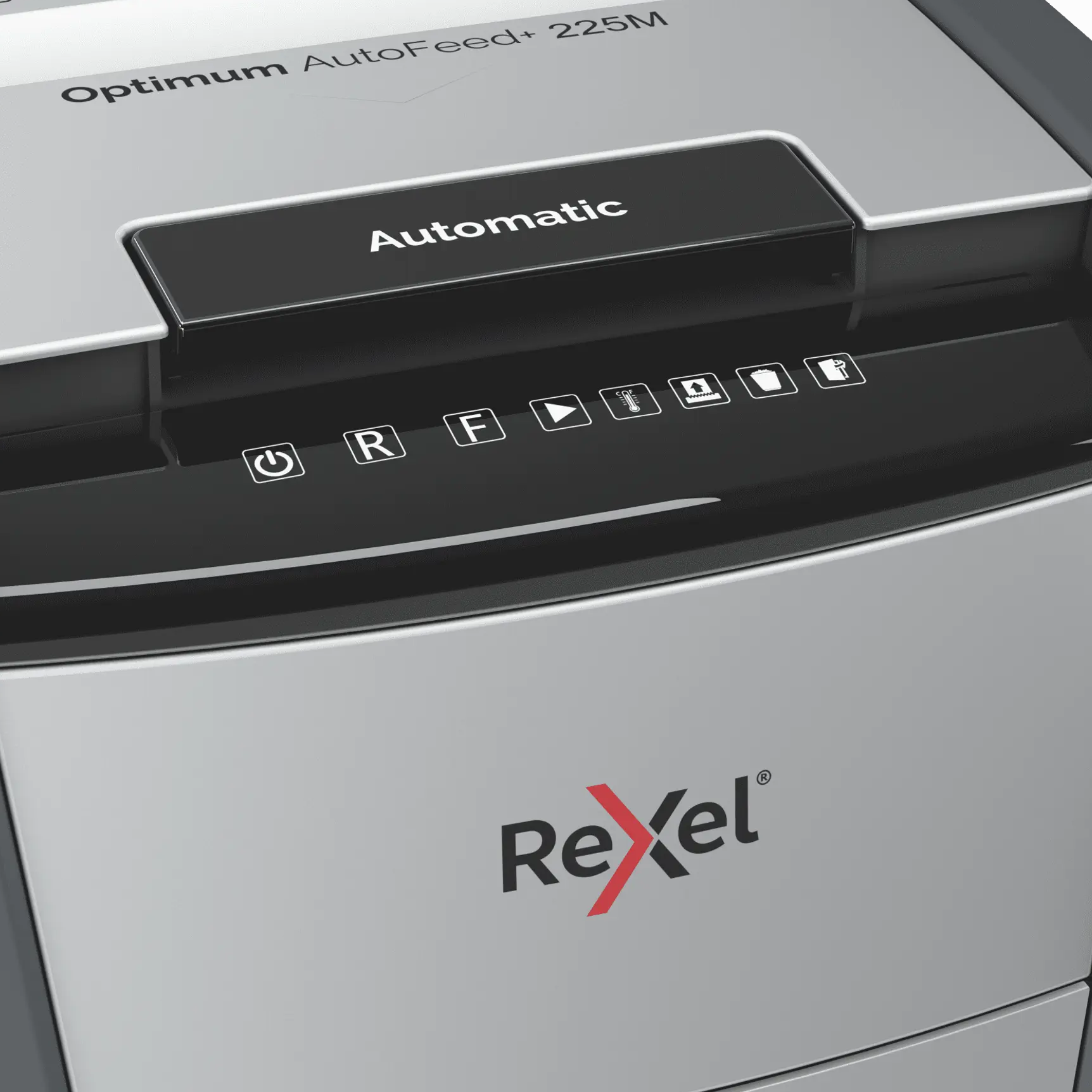 Rexel AutoFeed+ 225M iratmegsemmisítő állapotjelző ikonokkal: bekapcsolás, hátramenet, előre, túlmelegedés.