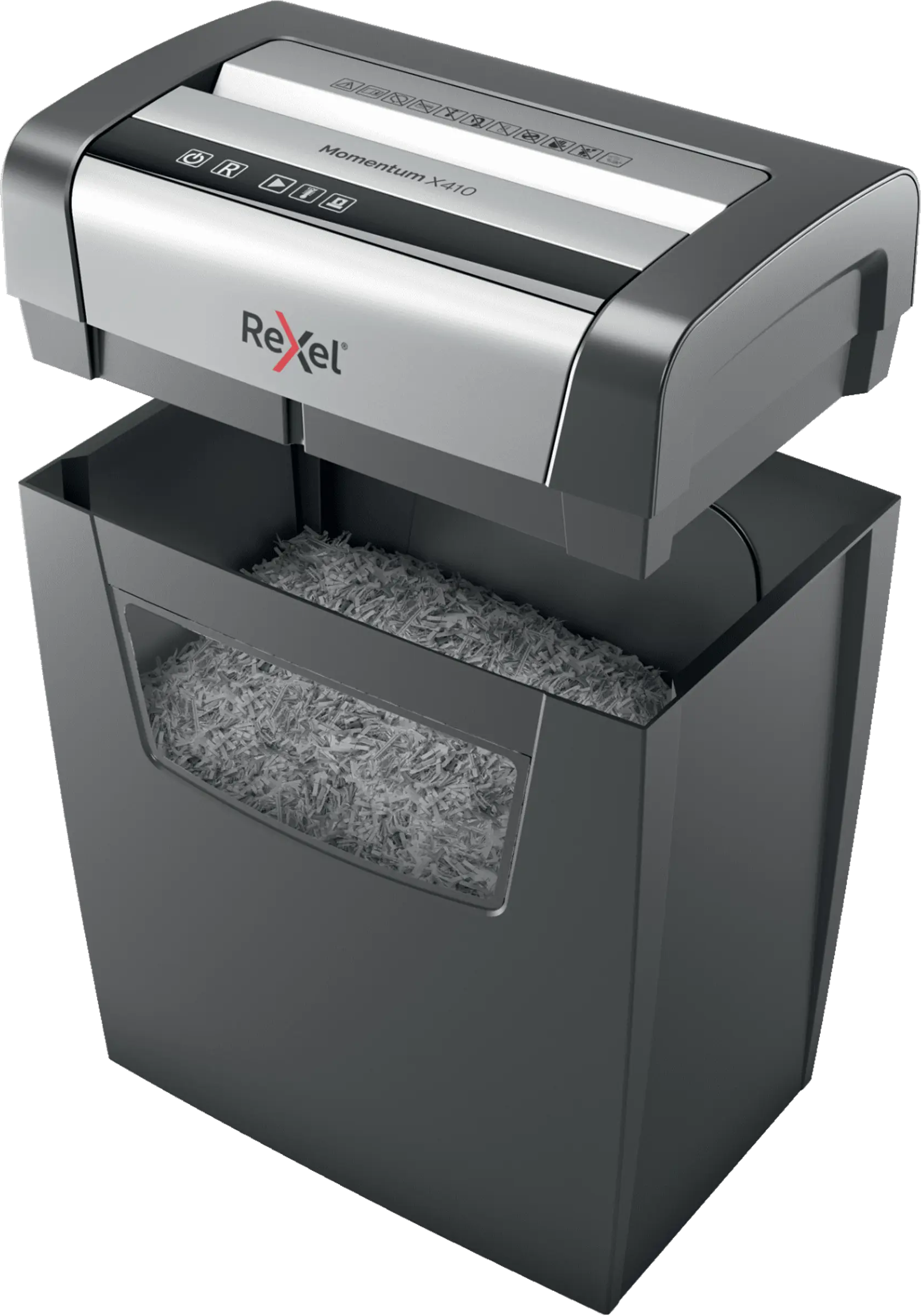 Ezüst Rexel Momentum X410 iratmegsemmisítő teli fekete tartállyal.