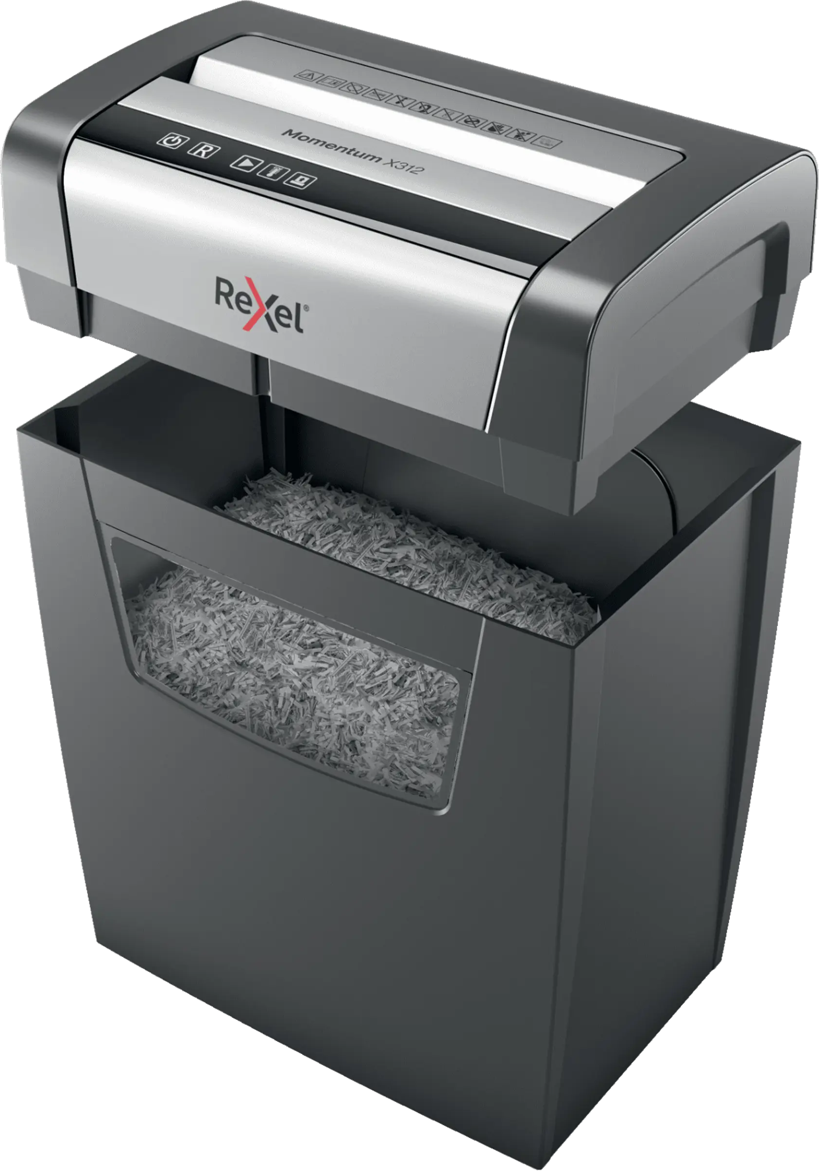 Egy Rexel Momentum X312 iratmegsemmisítő teli aprított papírral.