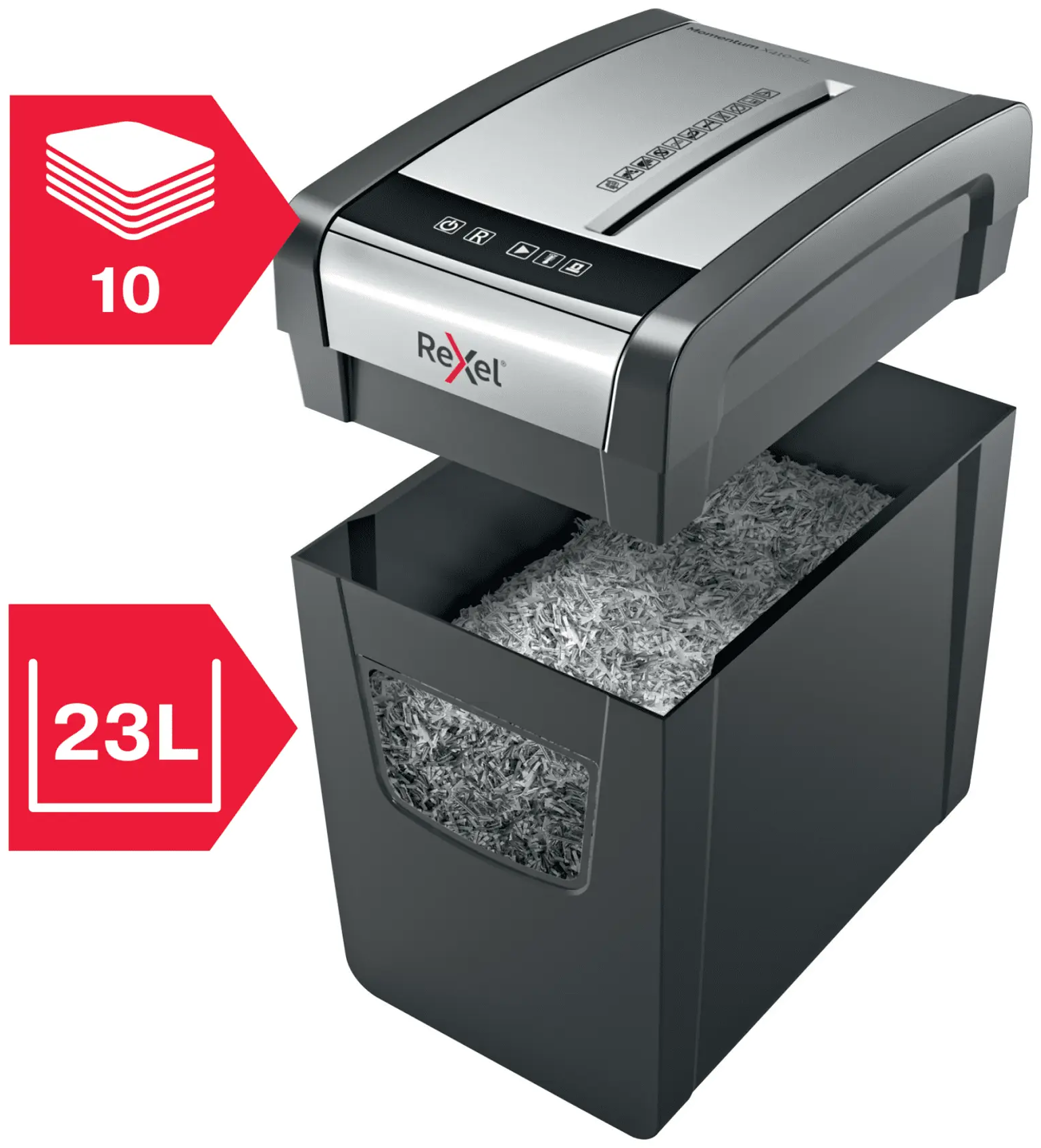 REXEL Momentum X410-SL SlimLine iratmegsemmisítő, P-4 konfetti, 10 lap, 23 Liter (2104573EU)