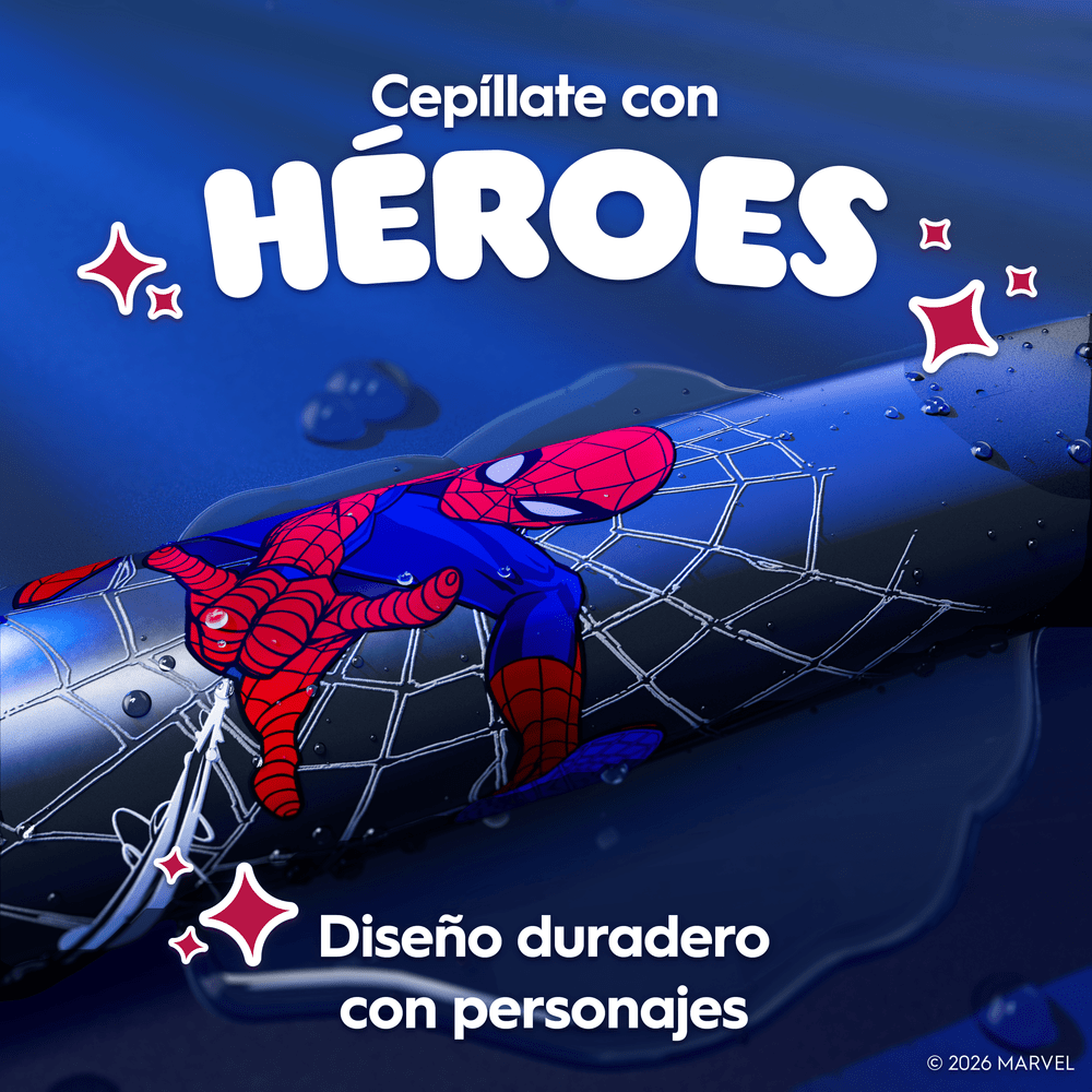 Cepíllate con héroes. Diseño duradero con personajes. 2026 Marvel.