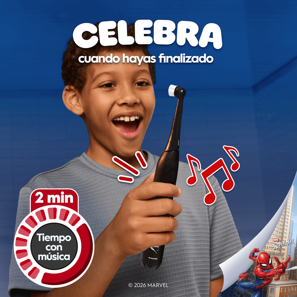 Celebra cuando hayas finalizado. 2 minutos. Tiempo con música. 2026 Marvel. Spiderman.