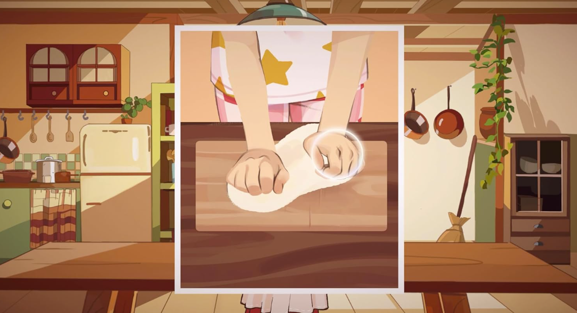 Hände kneten Teig auf einem Holztisch in einer Küche mit Kühlschrank und Schränken.