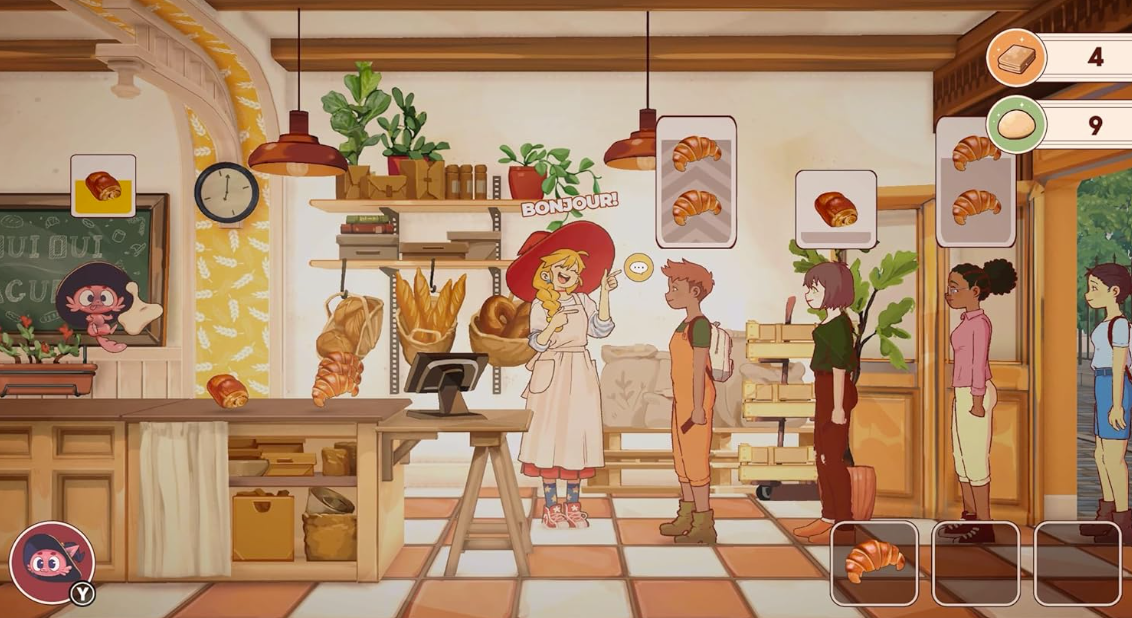 Eine Bäckerei mit Personal und Kunden, die Croissants und Brot verkaufen.