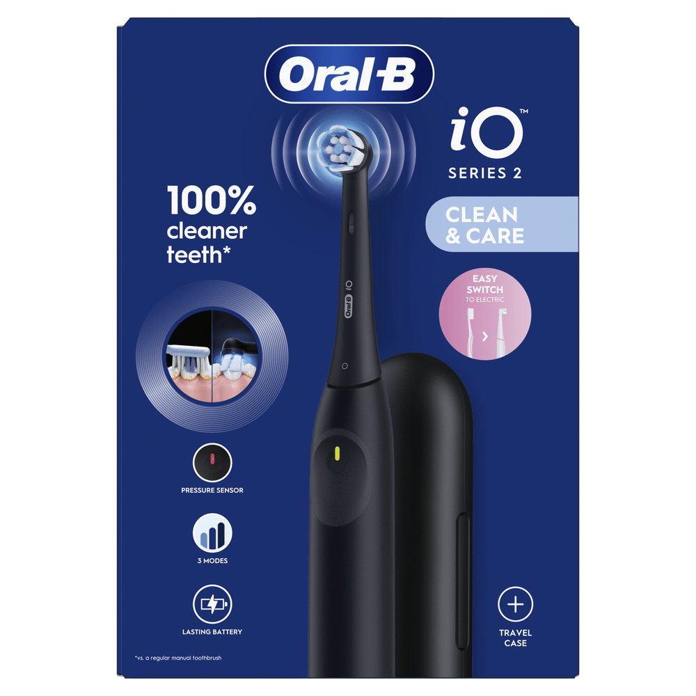 Cepillo de dientes negro Oral-B iO Serie 2 con estuche de carga y características.