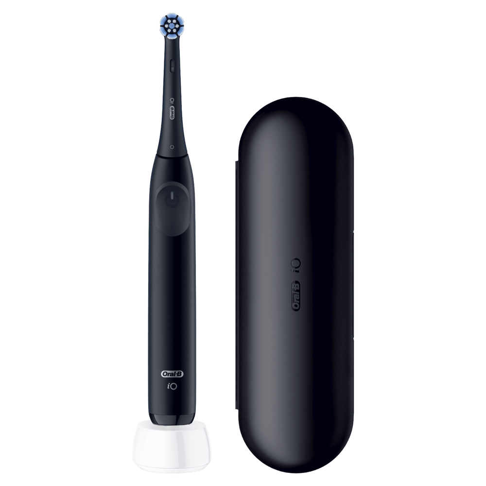 Cepillo de dientes eléctrico negro con base de carga y estuche negro.