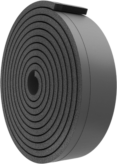 Schwarzes Schaumstoffband, aufgerollt. Deutliche Ringe und eine graue Rückseite.