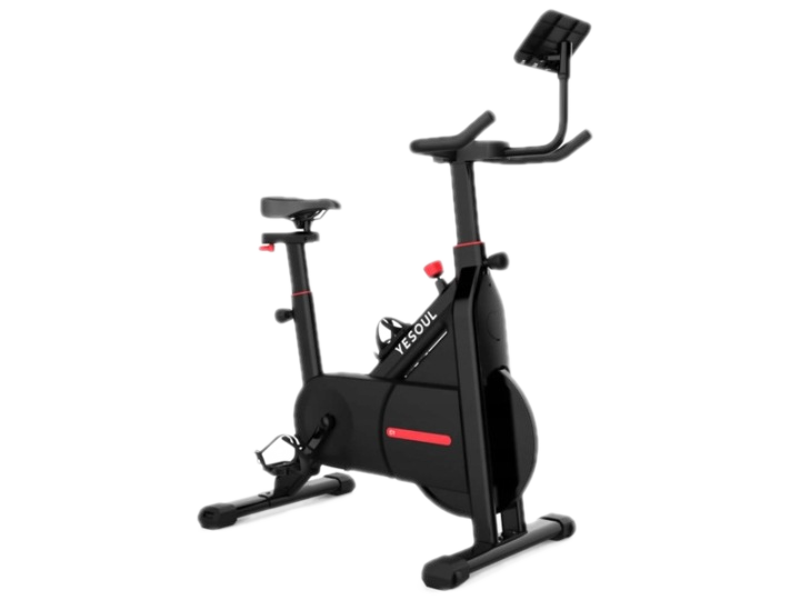 Czarny rower stacjonarny z czerwonymi akcentami i cyfrowym wyświetlaczem.