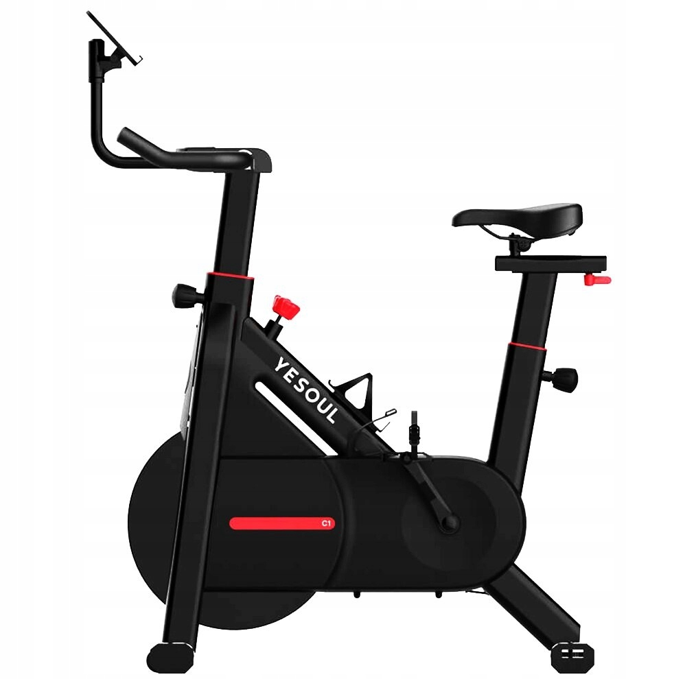 Czarny rower stacjonarny z czerwonymi akcentami i logo YESOUL.