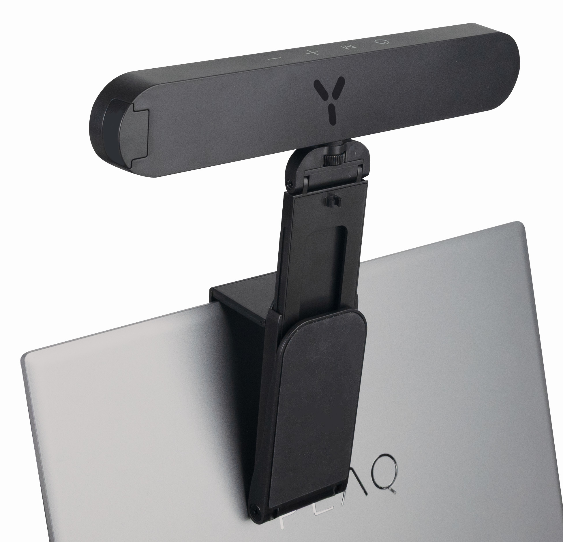 Fekete LED lámpa laptop monitorhoz csíptethető tartóval, fehér háttér.