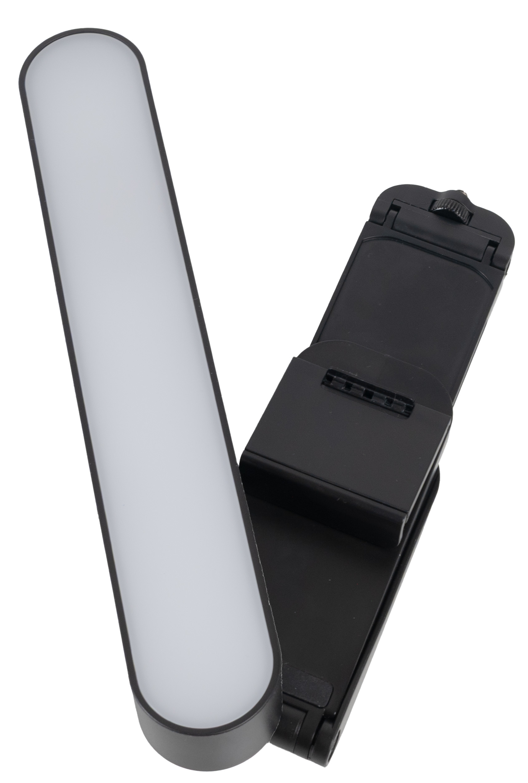 Egy fekete, összecsukható LED-es lámpatest szórt fényű panellel.