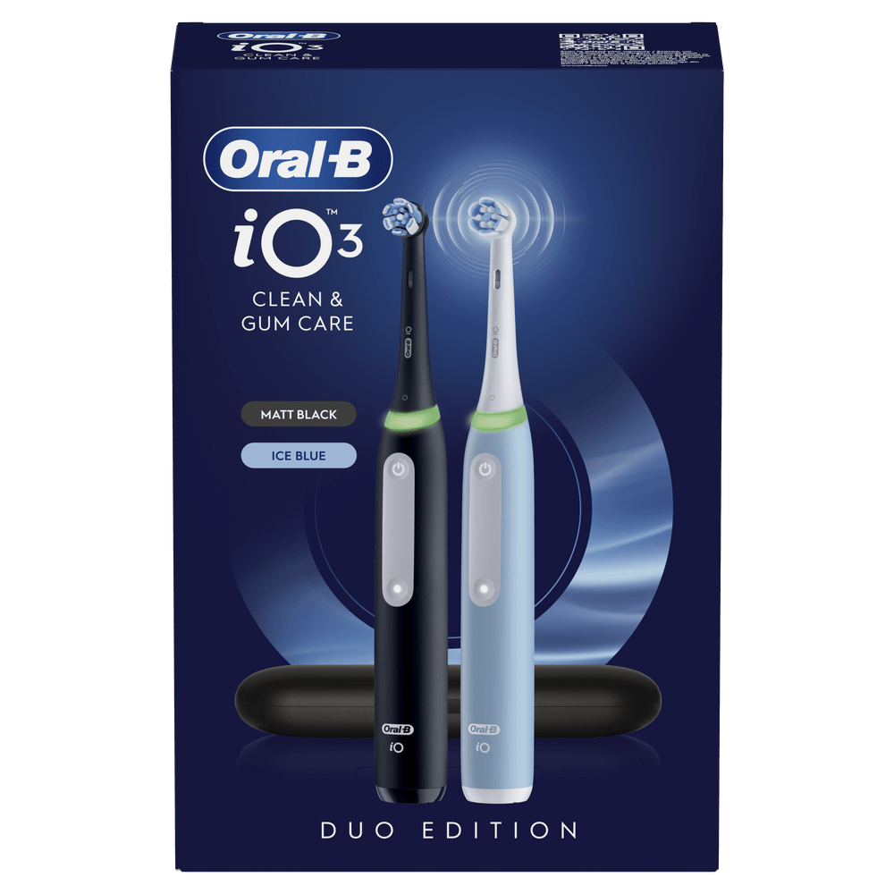 Cepillos de dientes eléctricos Oral-B iO3 Duo Edition: modelos negro mate y azul hielo.