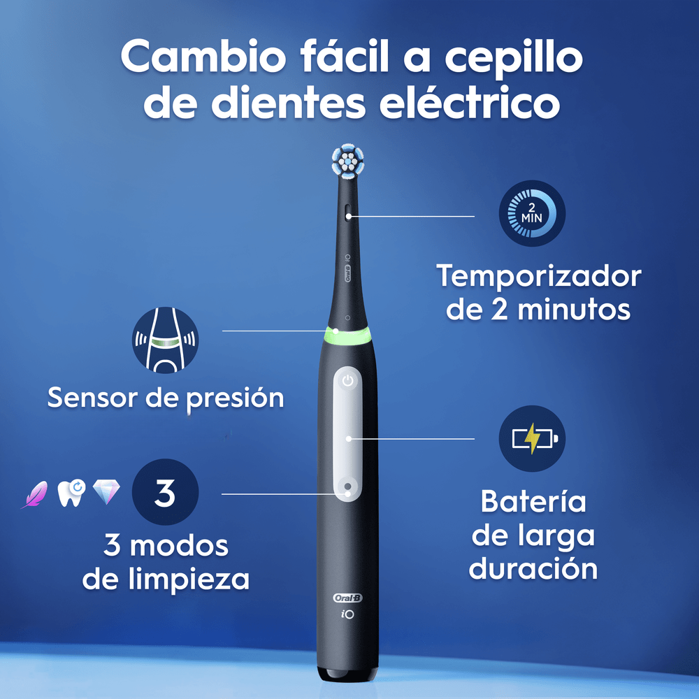Cambio fácil a cepillo de dientes eléctrico. Sensor de presión. Temporizador de 2 minutos. 3 modos de limpieza. Batería de larga duración.