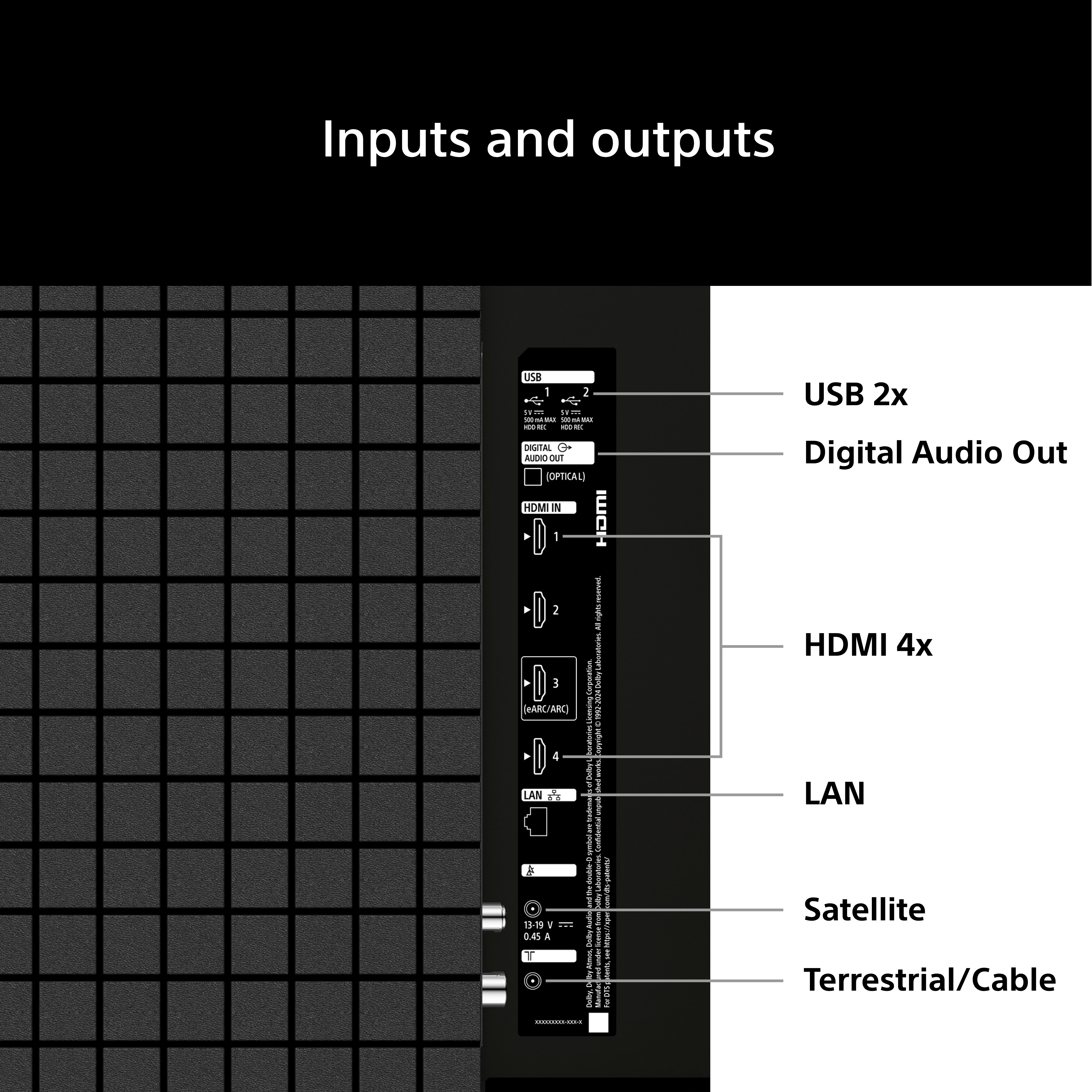 Connessioni: USB 2x, Uscita Audio Digitale, HDMI 4x, LAN, Satellite, Terrestre/Cavo.
