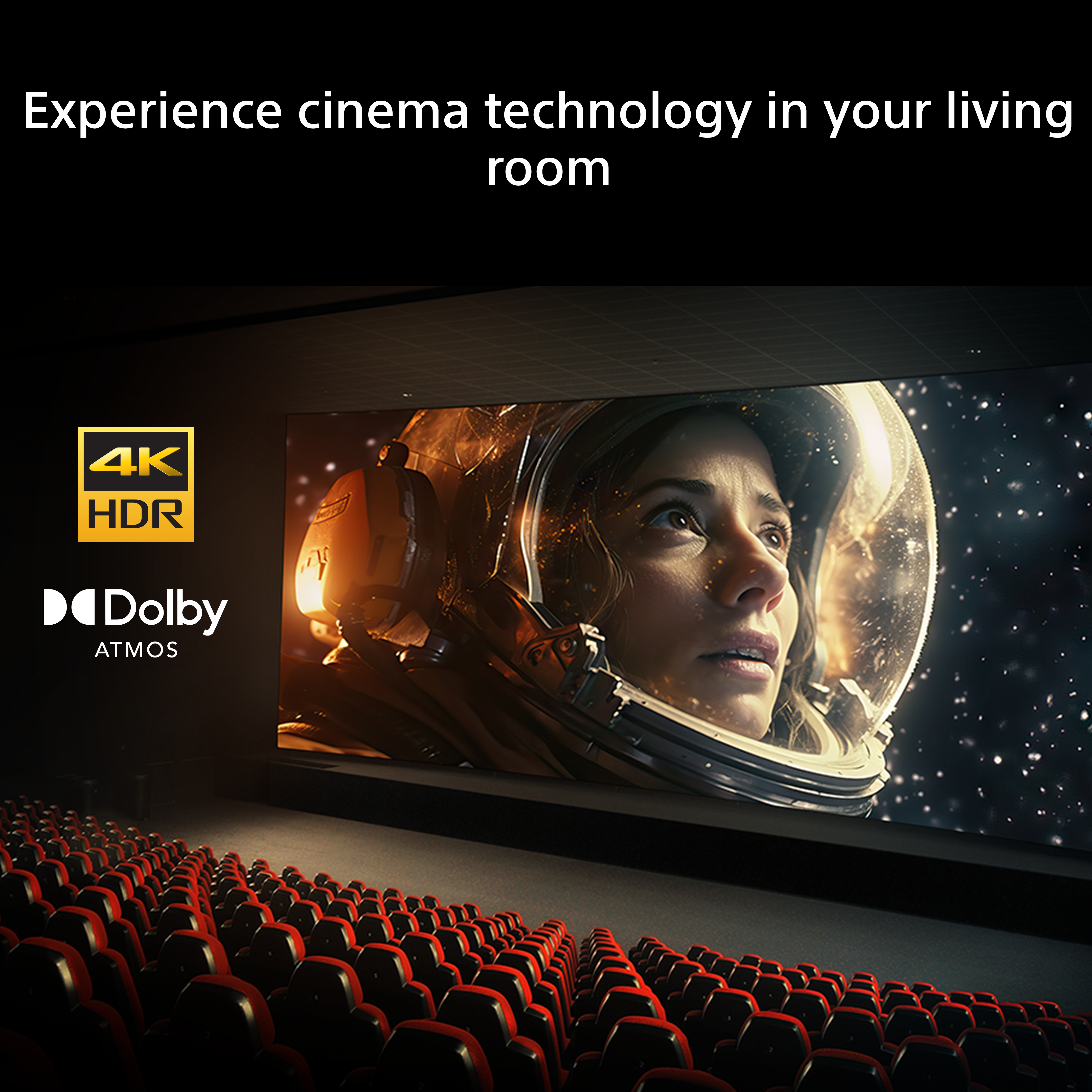 Une salle de cinéma avec des sièges rouges devant un écran montrant une astronaute.
