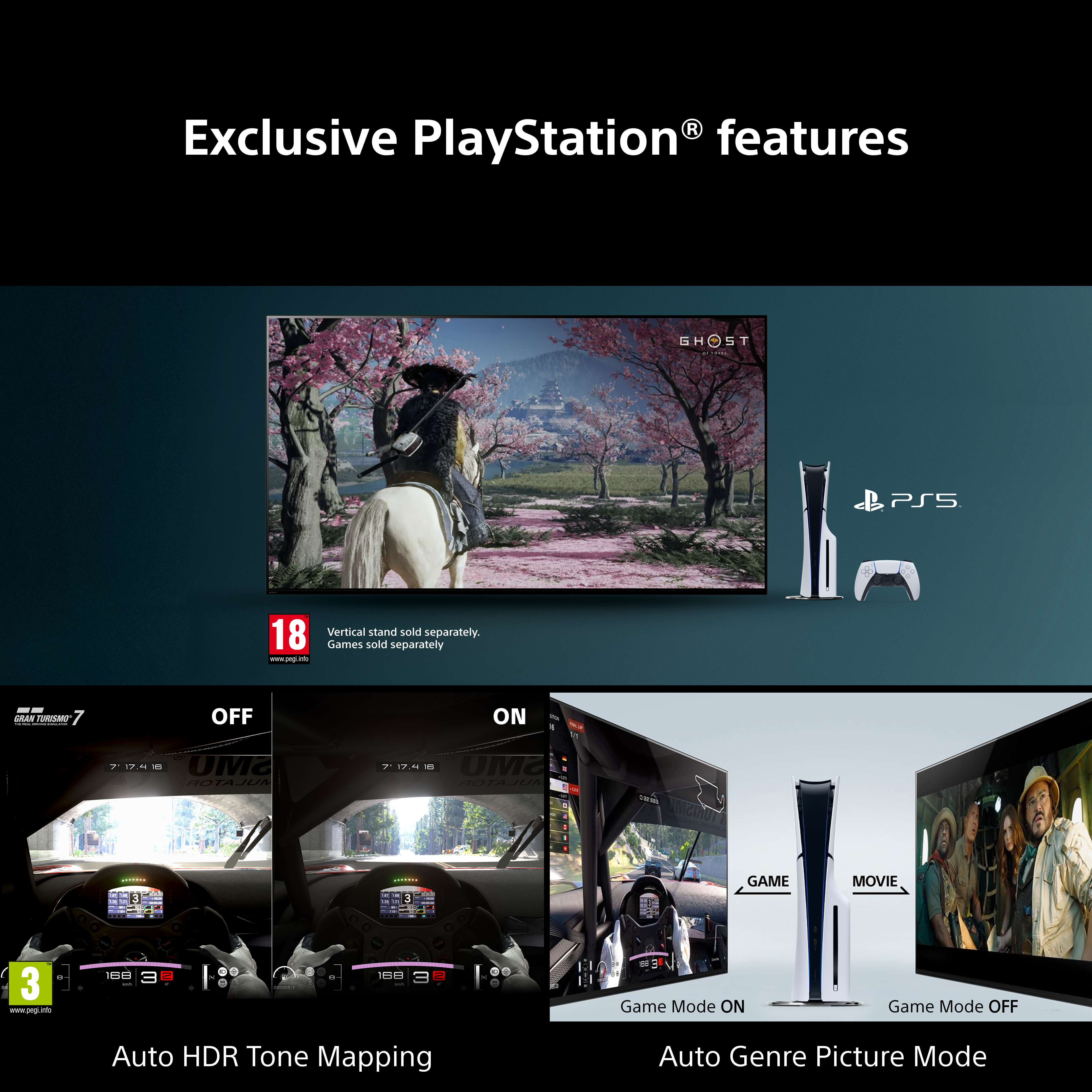 PS5 avec Ghost of Tsushima, Gran Turismo 7 et modes d'image.