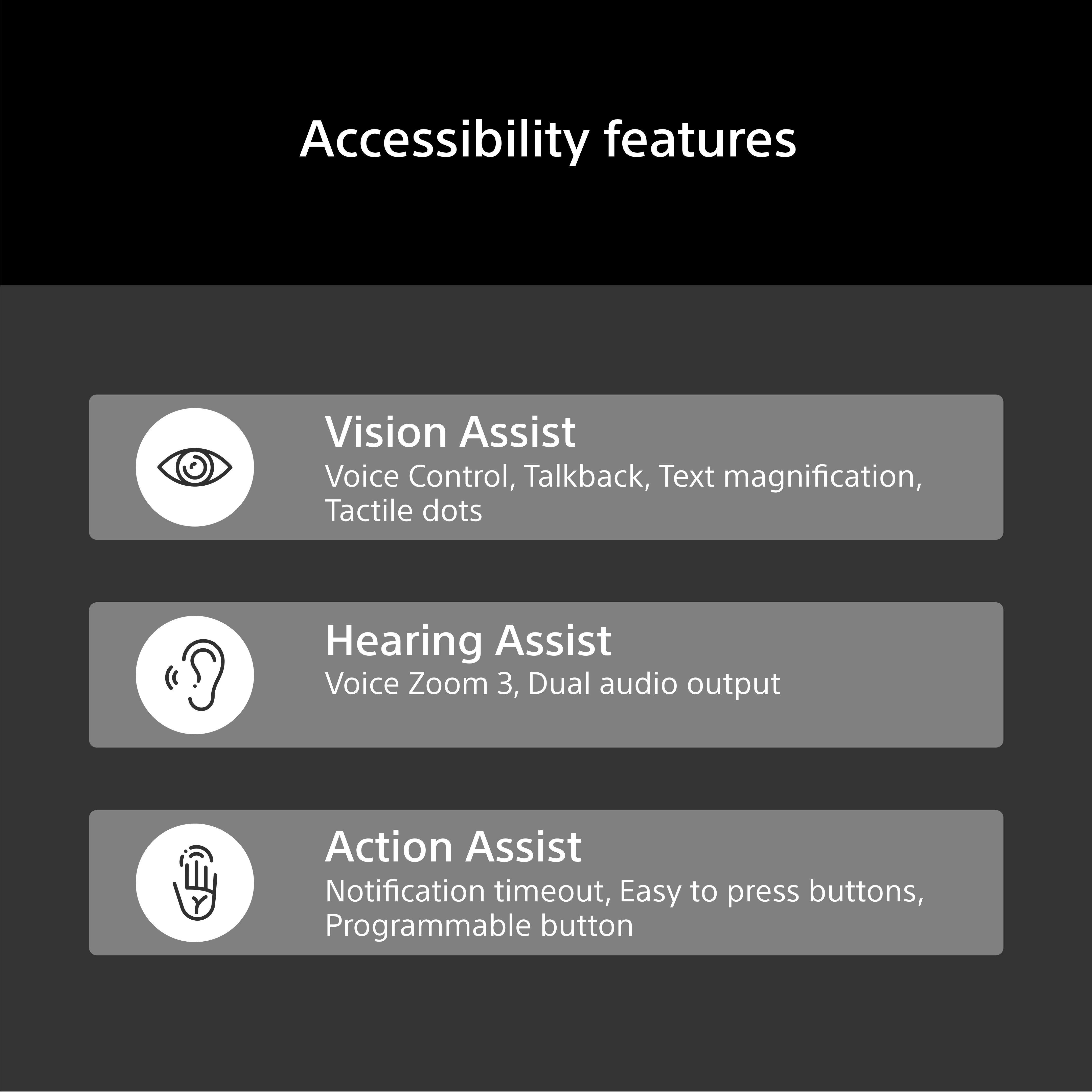Funzioni di accessibilità: Assistenza visiva, uditiva e azione.
