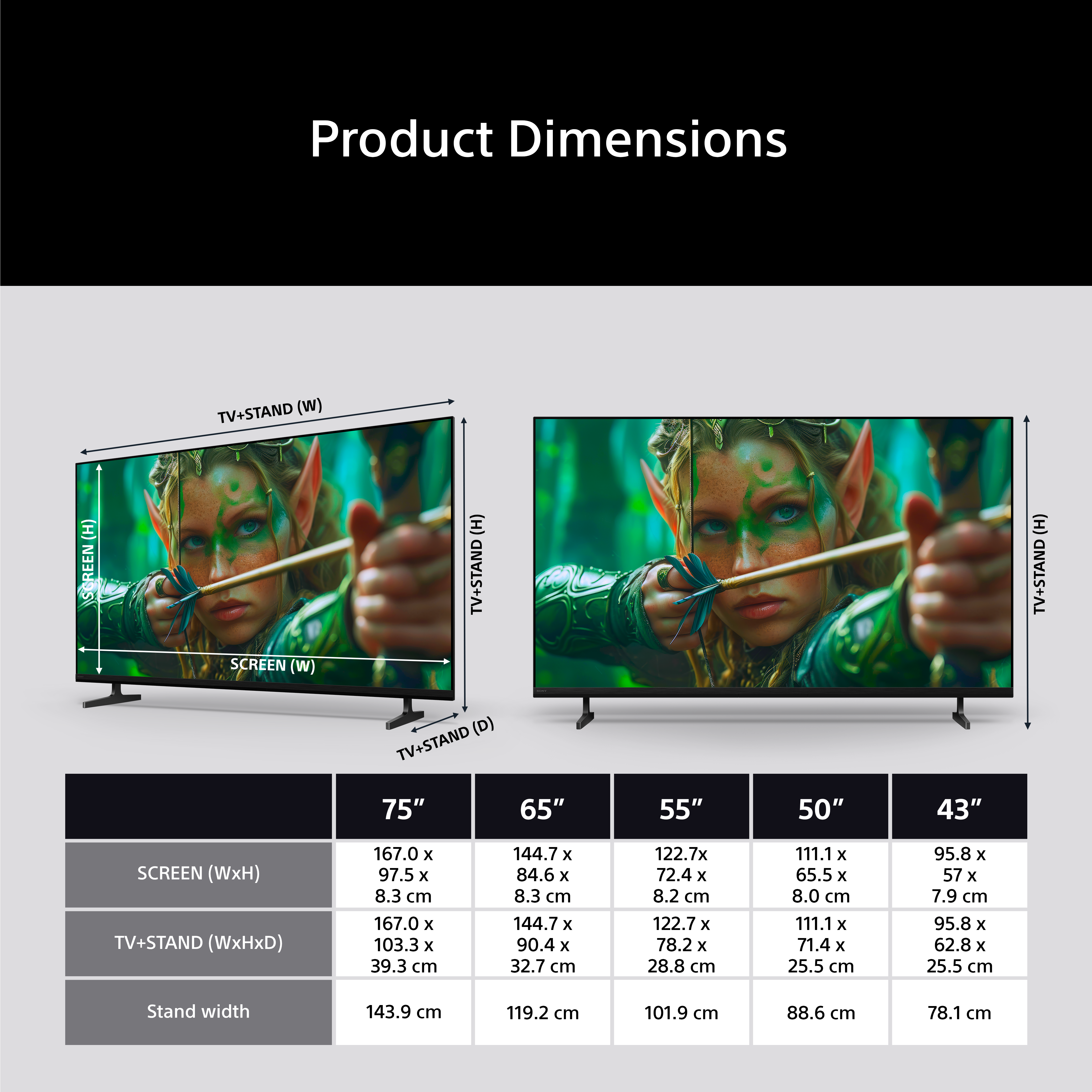 Dimensions du produit : TV avec image d'elfe, tailles 75-43 pouces.