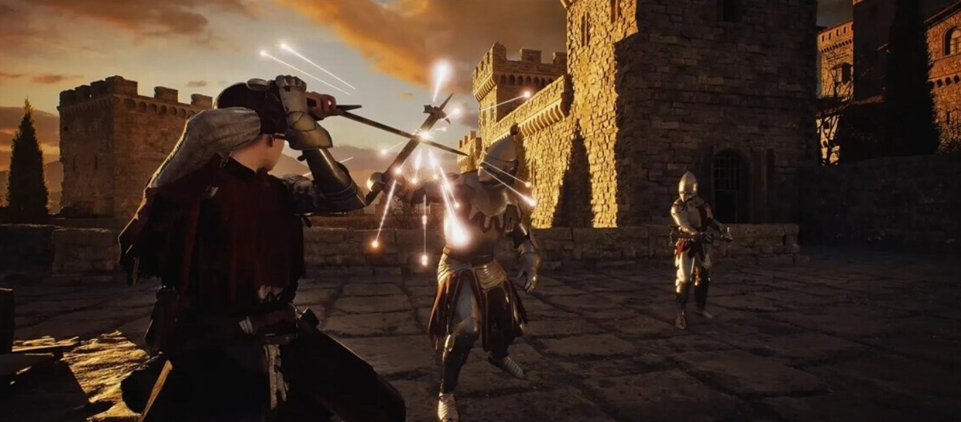 Ritter in Rüstung duellieren sich mit Schwertern in der Nähe einer Steinburg bei Sonnenuntergang.